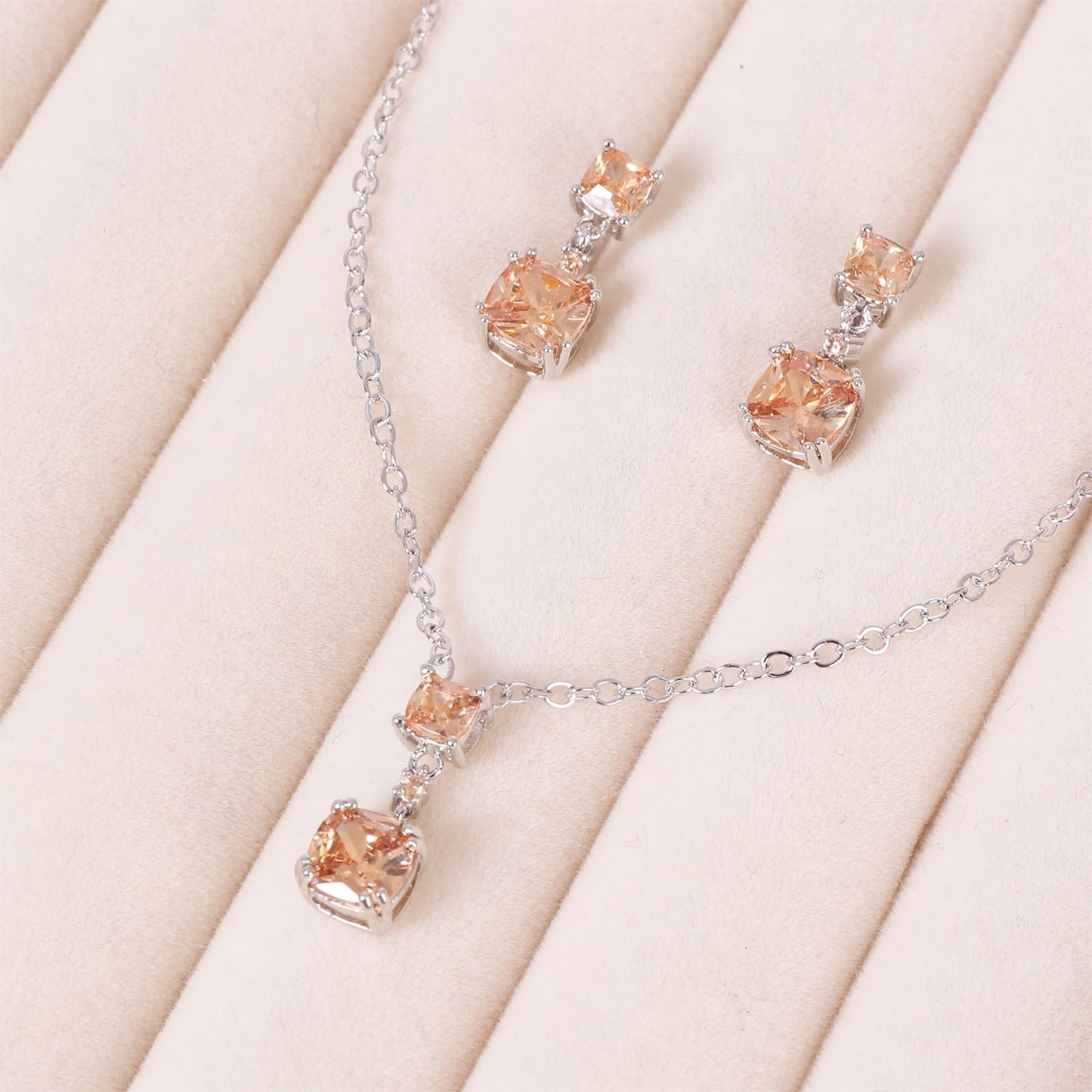 TaYolnFaSo Champagne Cubic Zirconia Jewelry Sets for Women White Gold Plated Cushion-Cut Necklace Earring Set Champagne Jewelry Birthday Gifts for Mother