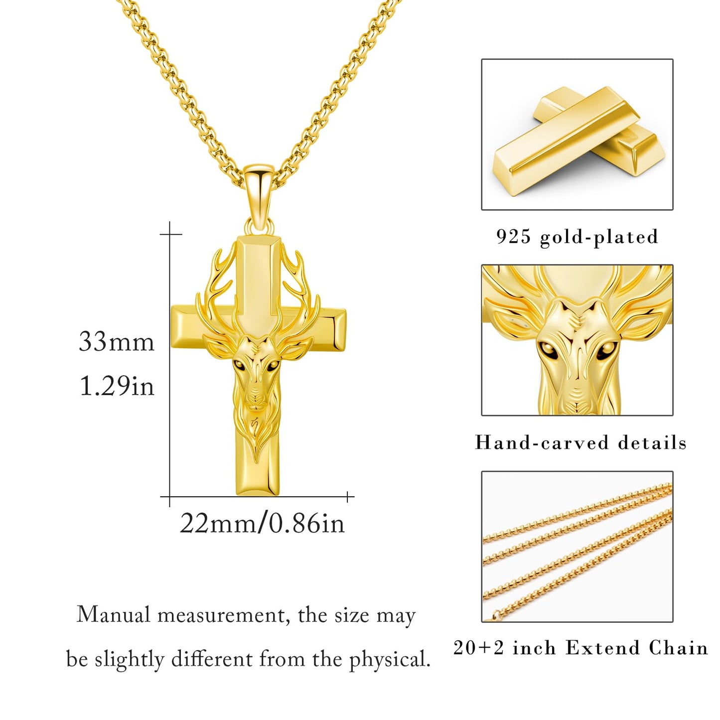 YEESIA Cross Necklace for Men Women, 925 Sterling Silver Gold Deer Cross Pendant Necklace, Christian Jewelry for Men Women