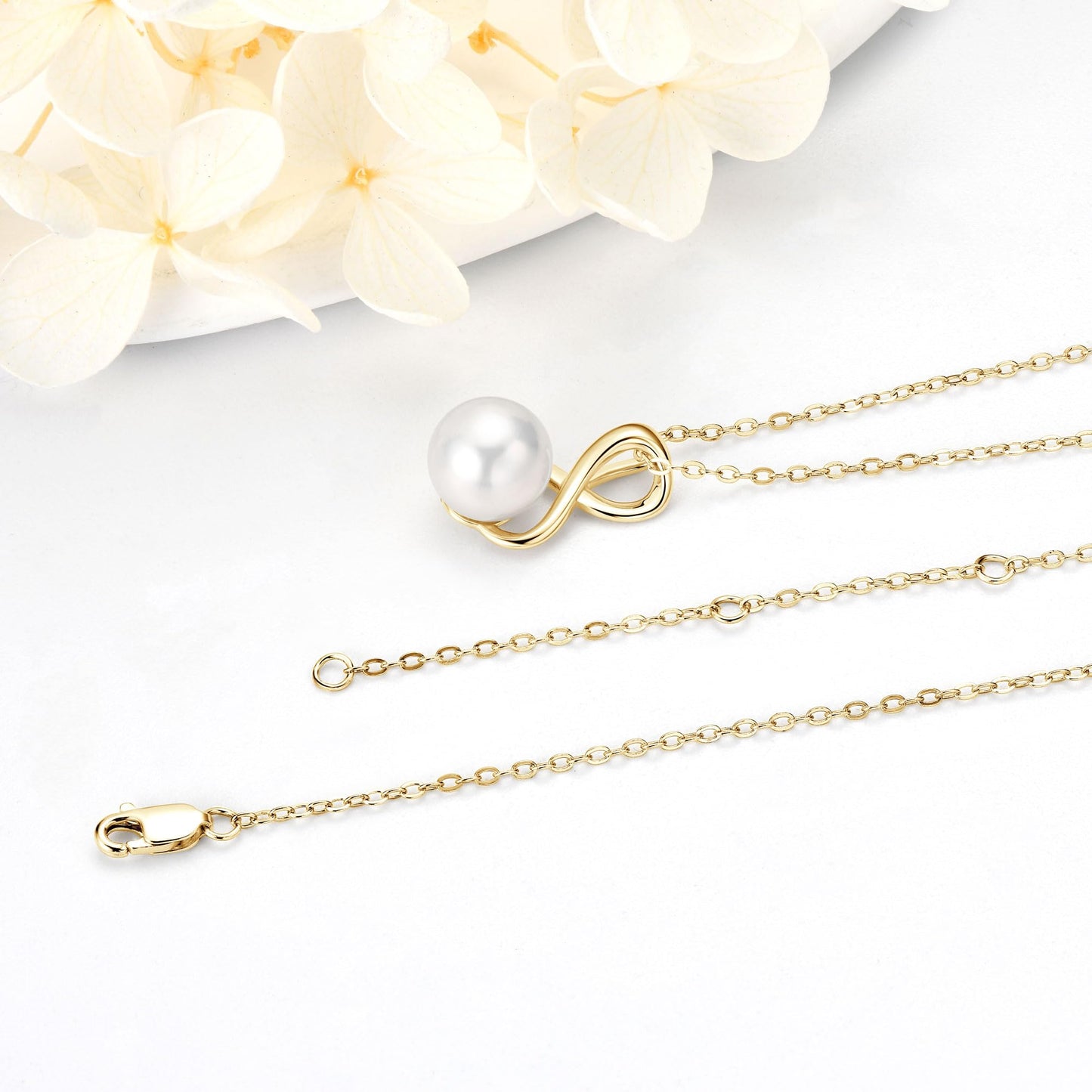 14K Gold Plated Infinity Pearl Necklaces for Women, Freshwater Cultured White Pearl Pendant Necklace Wedding Jewelry Gifts for Bride Bridesmaid
