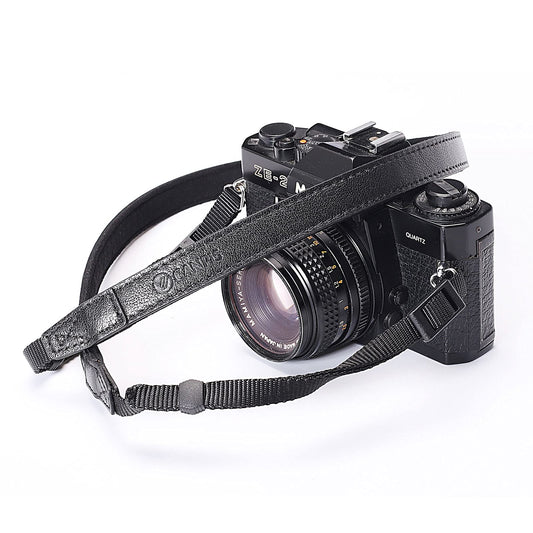 CANPIS CP008 Leather Camera Shoulder Neck Strap compatible with Canon Nikon Leica Fuji Sony Olympus etc. Black Color, Adjustable Length, Slim with Flocking Comfortable Pad