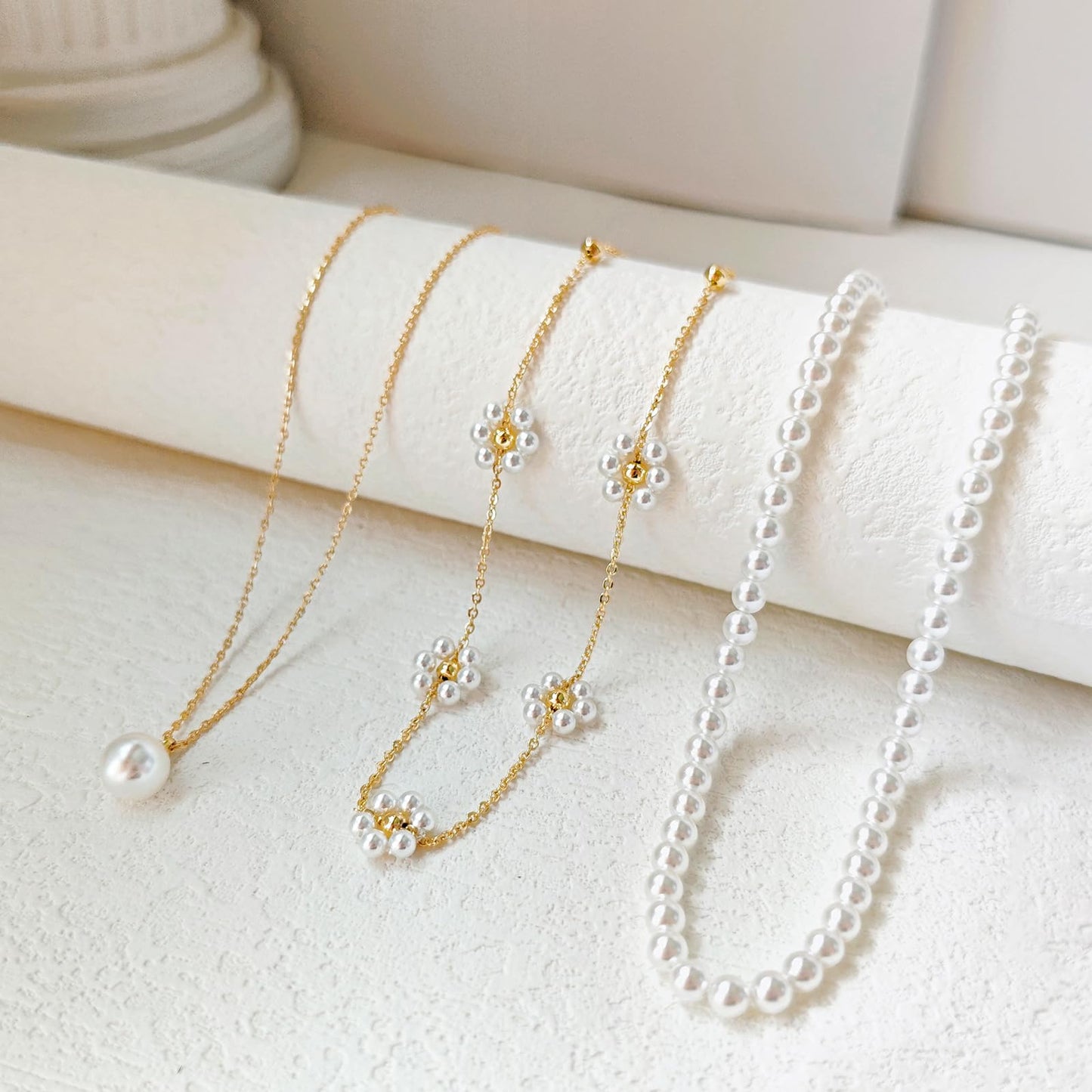 Zeffy Gold Daisy Pearl Necklaces for Women Gold Dainty Layered Single Pearl Choker Trendy Cute Silver Necklace Stack Wedding Jewelry Sets for Women Bridesmaid Gifts