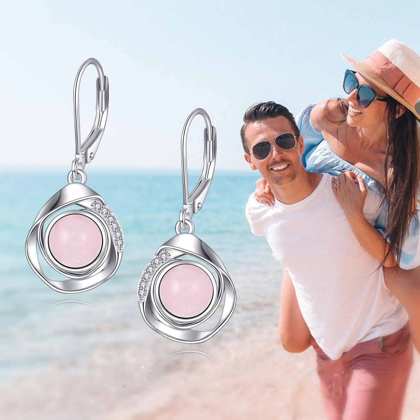 925 Sterling Silver Rose Quartz Leverback Earrings Dangle Drop Jewelry Gifts for Women (Rose quartz)