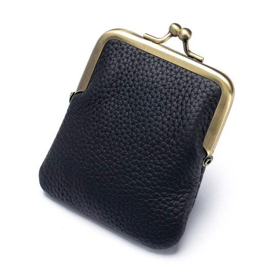 Wasugayi Genuine Leather Vintage Kiss Lock Coin Purse for Women, Mini Change Purse with Metal Clasp, Slim Portable Leather Pouch for Coins Keys Cash Cards (Black)