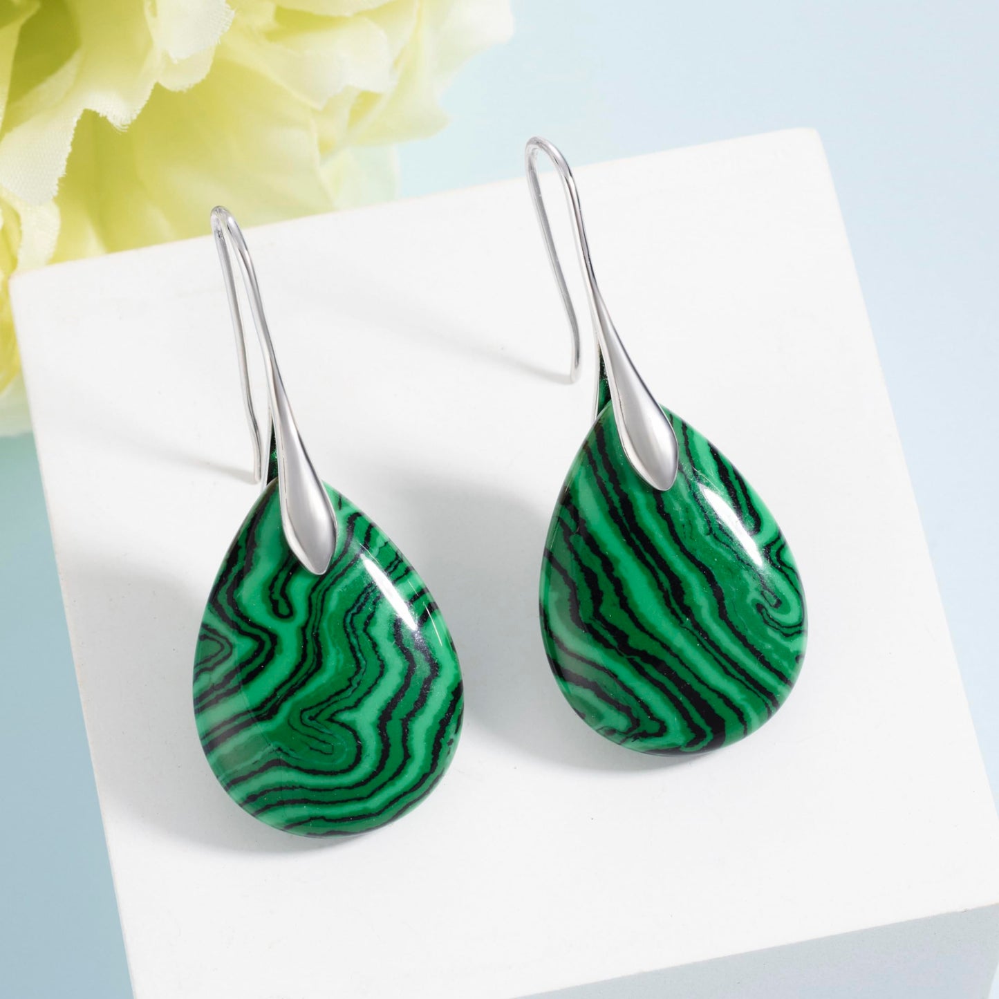 SELOVO Striped Green Stone Drop Earrings Silver Tone Fishhook Dangly Drop Earrings