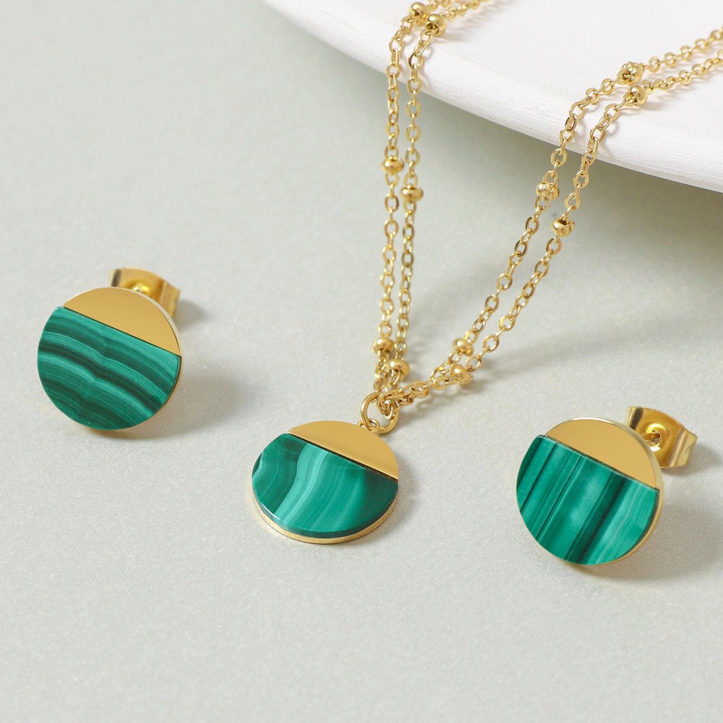 TaYolnFaSo Natural Malachite Jewelry Set for Women 18K Gold Plated Malachite Stud Earrings Double Chain Necklace Set Dainty Jewelry Gift