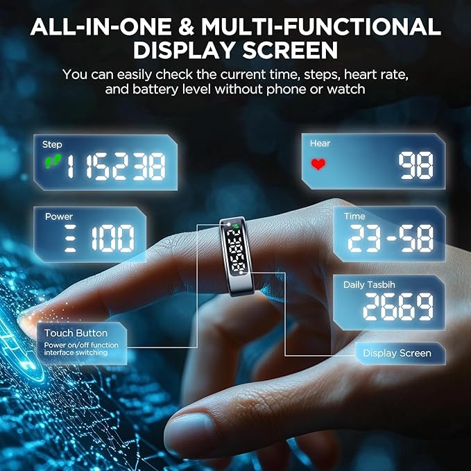 Smart Rings for Men with Display Screen, Fitness Ring with Wireless Charging, Sleep Tracker Ring with Heart Rate, Health Rings for Activity Monitoring/Steps/Calories, for iOS Android (Black,11#)