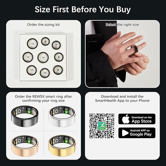 Smart Health Ring for Women Men, Fitness Tracker Ring with Heart Rate, Blood Oxygen, Sleep Tracker, Step Tracker, No Subscription Fee, IP68 Waterproof Smart Ring for iPhone & Android (Black, 9#)