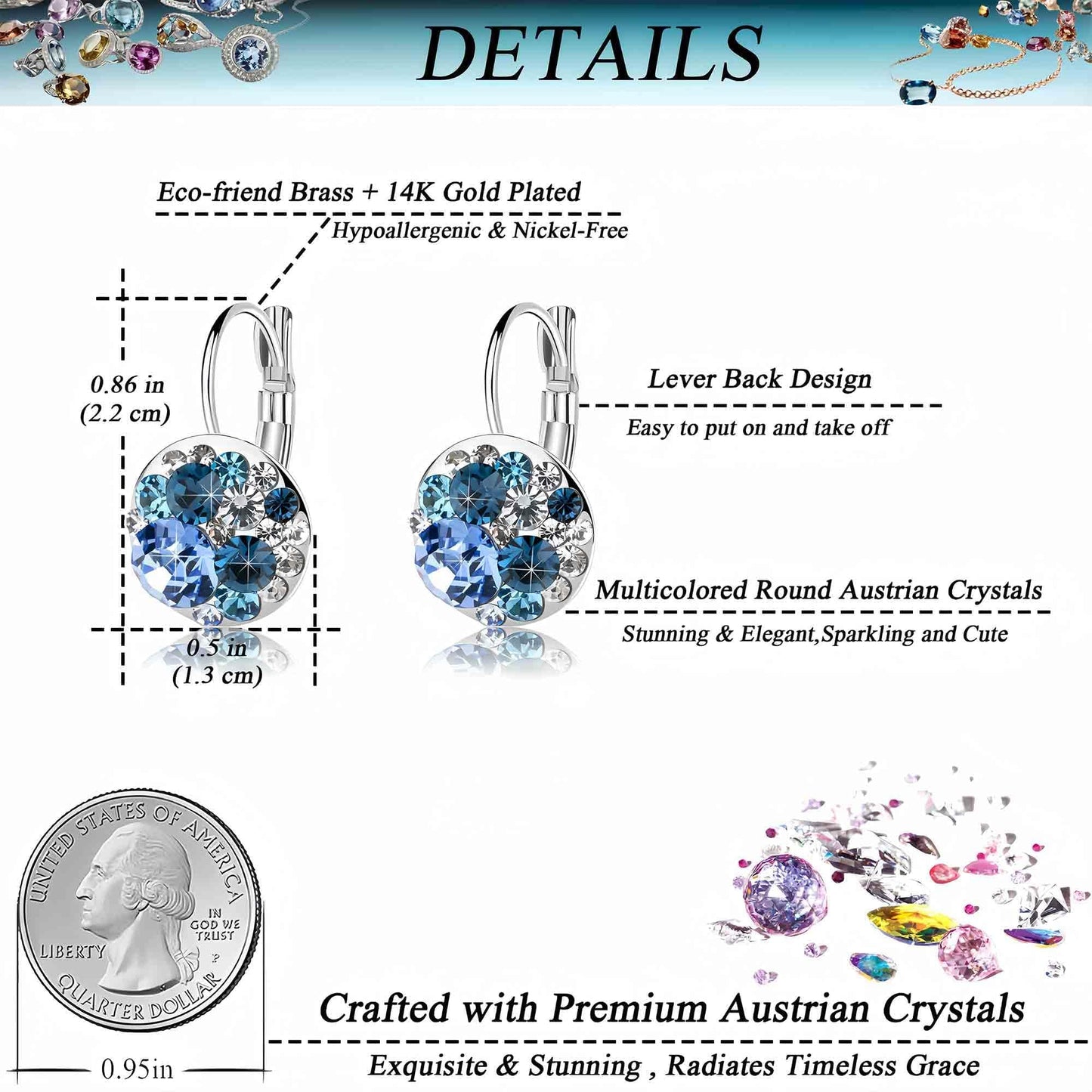 Multicolored Austrian Crystal Earrings for Women 14K Gold Plated Leverback Dangle Hoop Earrings (Blue Main Crystal/Silver-tone)