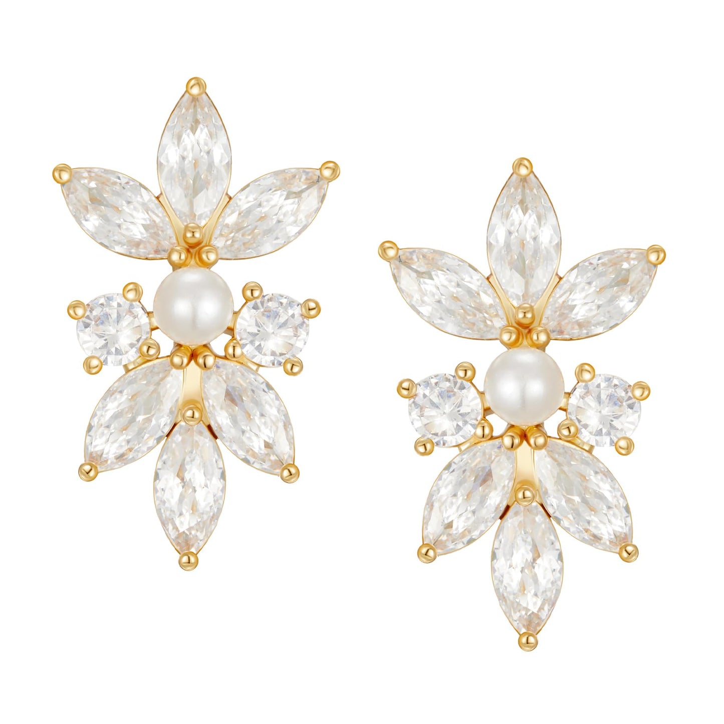 SWEETV Marquise Cubic Zirconia Wedding Bridal Stud Earrings for Brides Bridesmaids, Crystal Pearl Rhinestone Stud Earrings for Women Prom Party Jewelry Gifts (Gold)