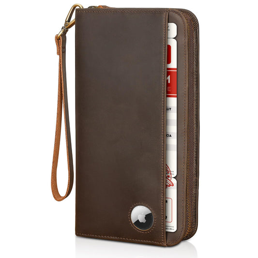 Polare Full Grain Leather Family Passport Holder Travel Documents Organizer RFID Blocking Wallet with Coin Pouch and AirTag Slot Fits 6 Passports