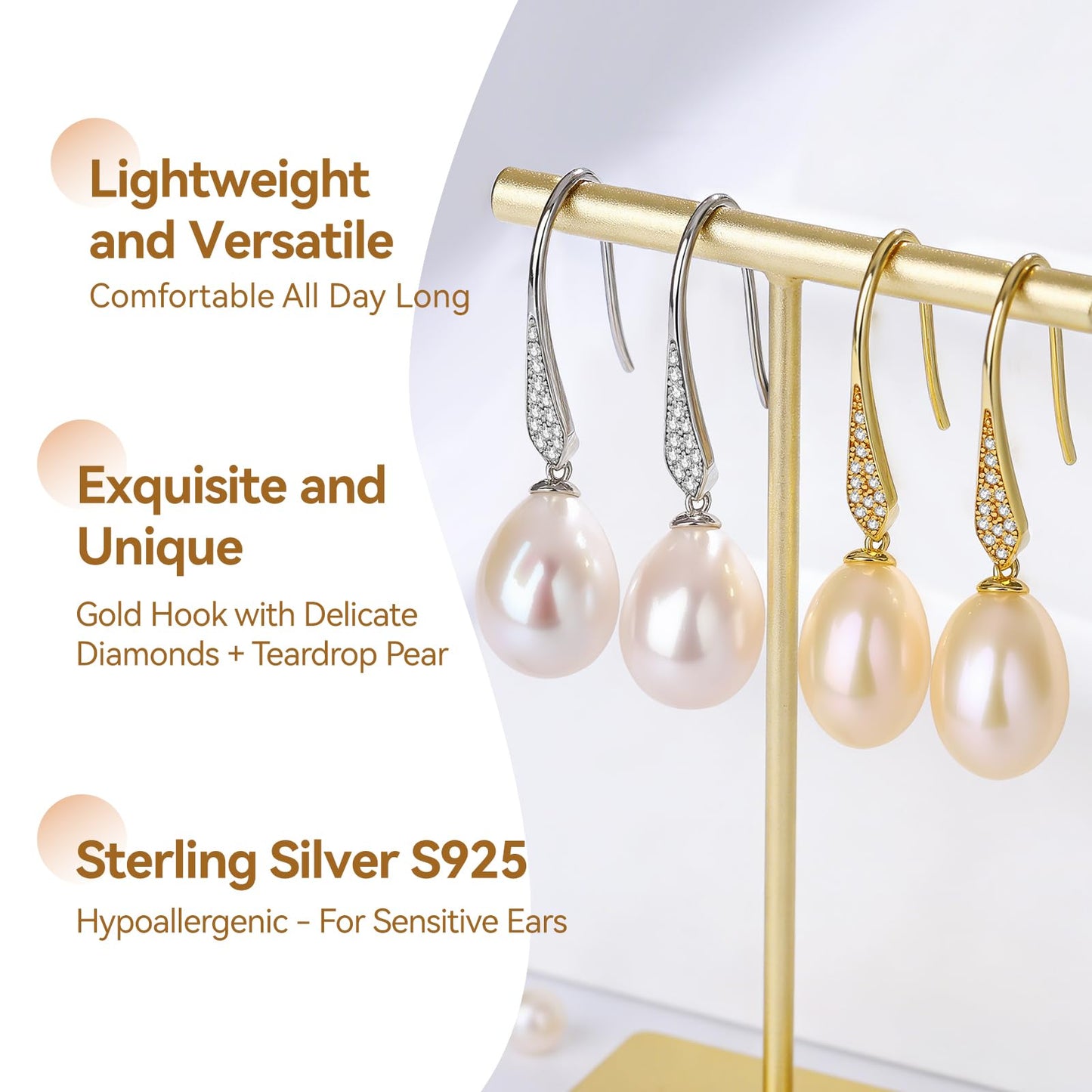 Pearl Drop Earrings for Women, Gold Plated & 925 Sterling Silver, Pink & White Dangle Earrings, Dainty Cute Elegant Bridal Wedding Gift for Her