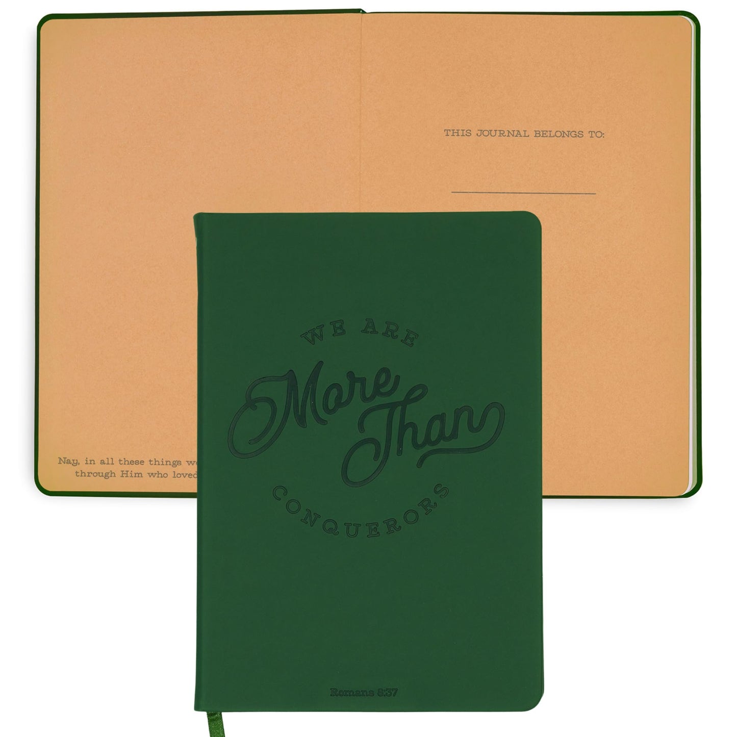 Steel Mill & Co Faux Leather Journal, 8.5” x 6” Scripture Quote Notebook with 160 Lined Pages, Book-Bound, Dark Green Leatherette Writing Journal with Debossed Cover and Ribbon Bookmark for Women & Men (More than Conquerors)