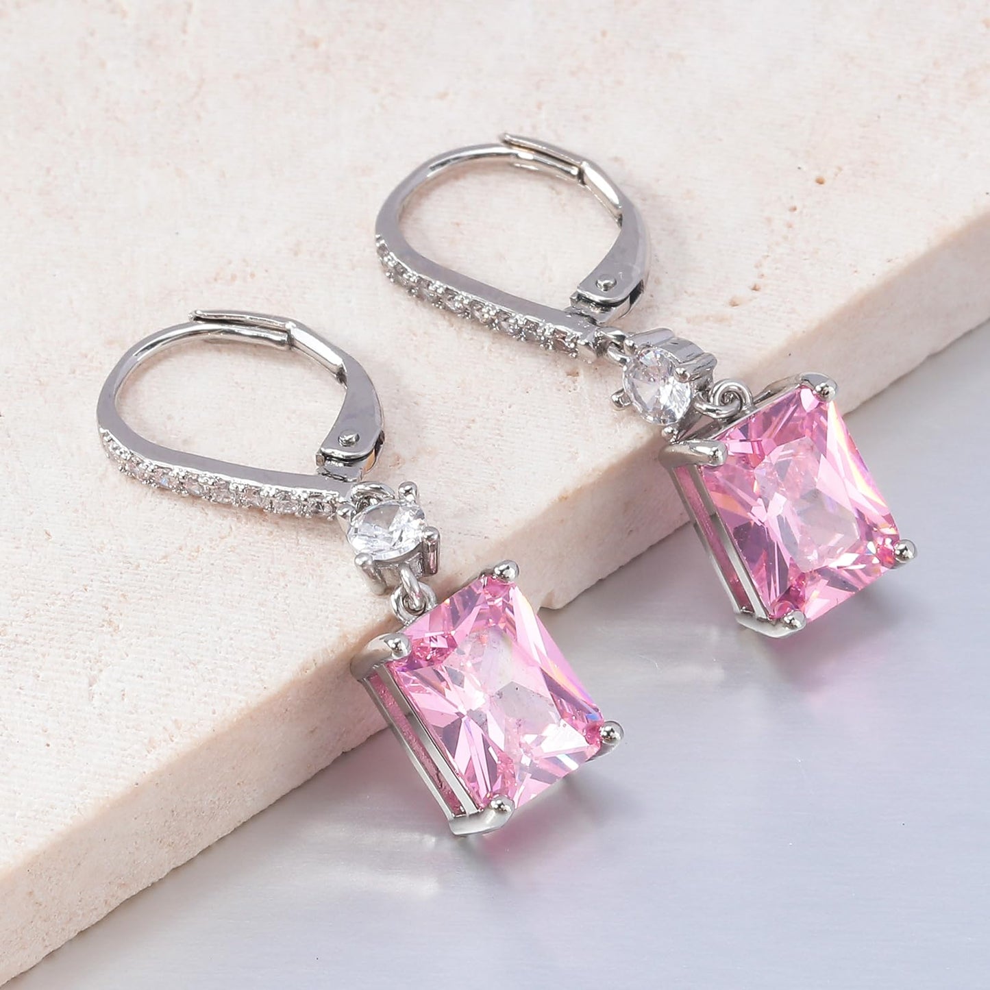 CiNily Leverback Earrings for Women Rectangular-cut Drop Dangle Earrings Hypoallergenic, 14K White Gold Plated Pink Cubic Zircon Earrings Diamond Dangle Earrings Jewelry Birthday