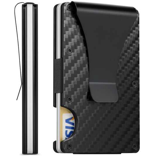 FIRDIKT Carbon Fiber Minimalist Wallet for Men, Slim Metal RFID Blocking Wallet Credit Card Holder Money Clip & Cash Strap, Scratch-Resistant Holds 15 Cards,Ideal Gift for Men | Matt Carbon Fiber