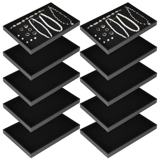 10 Pcs Velvet Stackable Jewelry Tray Showcase Display Jewelry Organizer Tray for Drawers Countertop, Empty Plate for Necklace, Ring, Bracelet Organizing, and Earring Storage Display (Black)