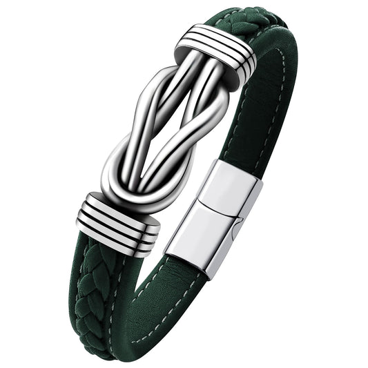 Oaldilee Mens Braided Leather Bracelet, Green Wax Rope Braided Leather Infinity Knot Bracelets for Men with Steel Clasp, 7.5in Length