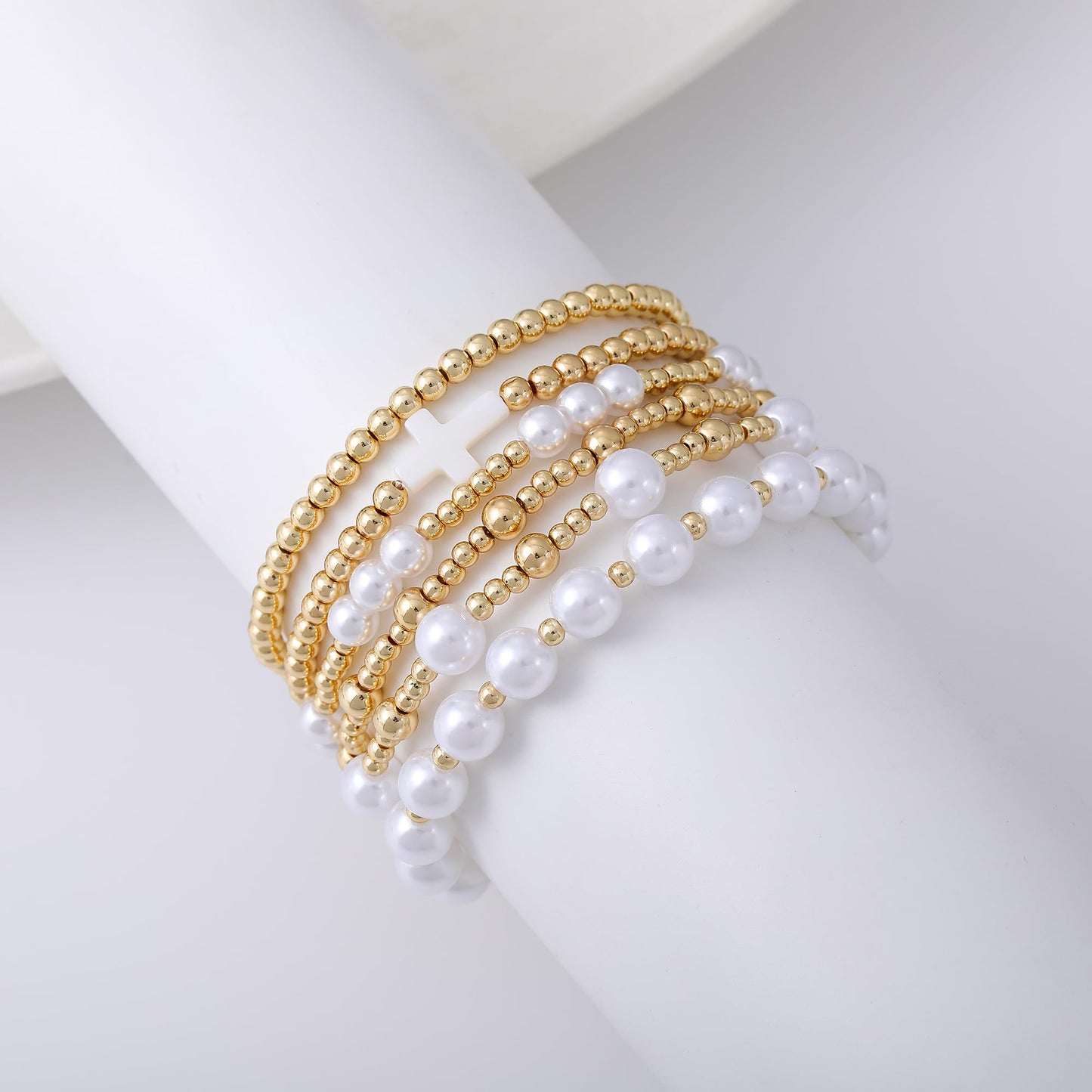 Sajidos Gold Plated Beaded Bracelets for Women Trendy, 14K Gold Plated Stack Cross Pearl Gold Plated Bead Stretch Bracelets Set Elastic Hypoallergenic Bracelets Jewelry Gifts (style19-4)