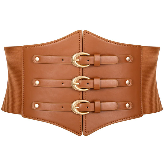 JKEEMI Women Corset Belt Wide Stretchy Waspie Elastic Waist Belt with Gold Buckle for Daily Cosplay Halloween Costume