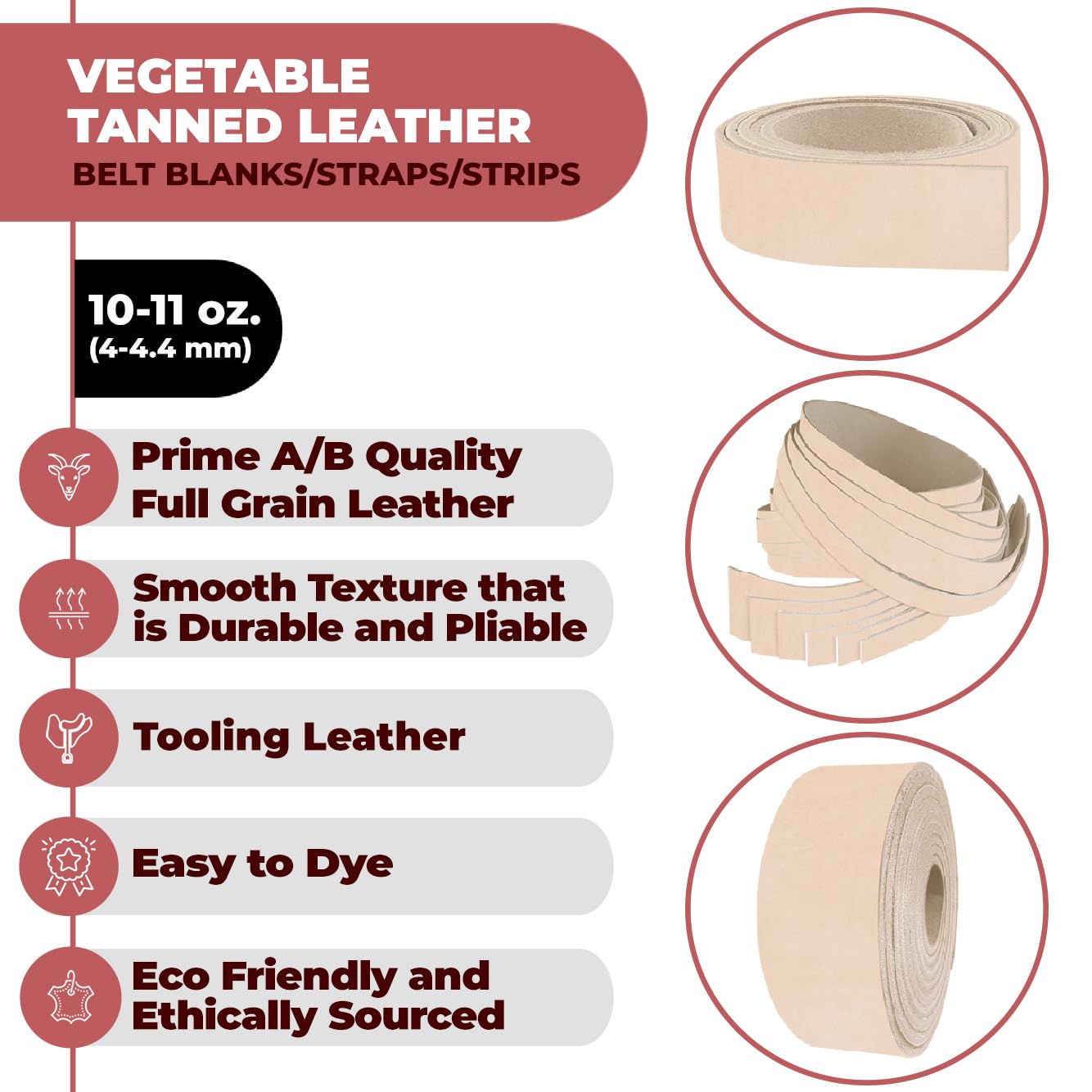 ELW Leather Strap, 10-11 Oz, 2.25 inch wide x 84", Cowhide Veg Tan Leather Belt Blank, Leather Strips, Tooling Leather, Tan Straps for Crafts, Belt Making & Crafting Blank Hide
