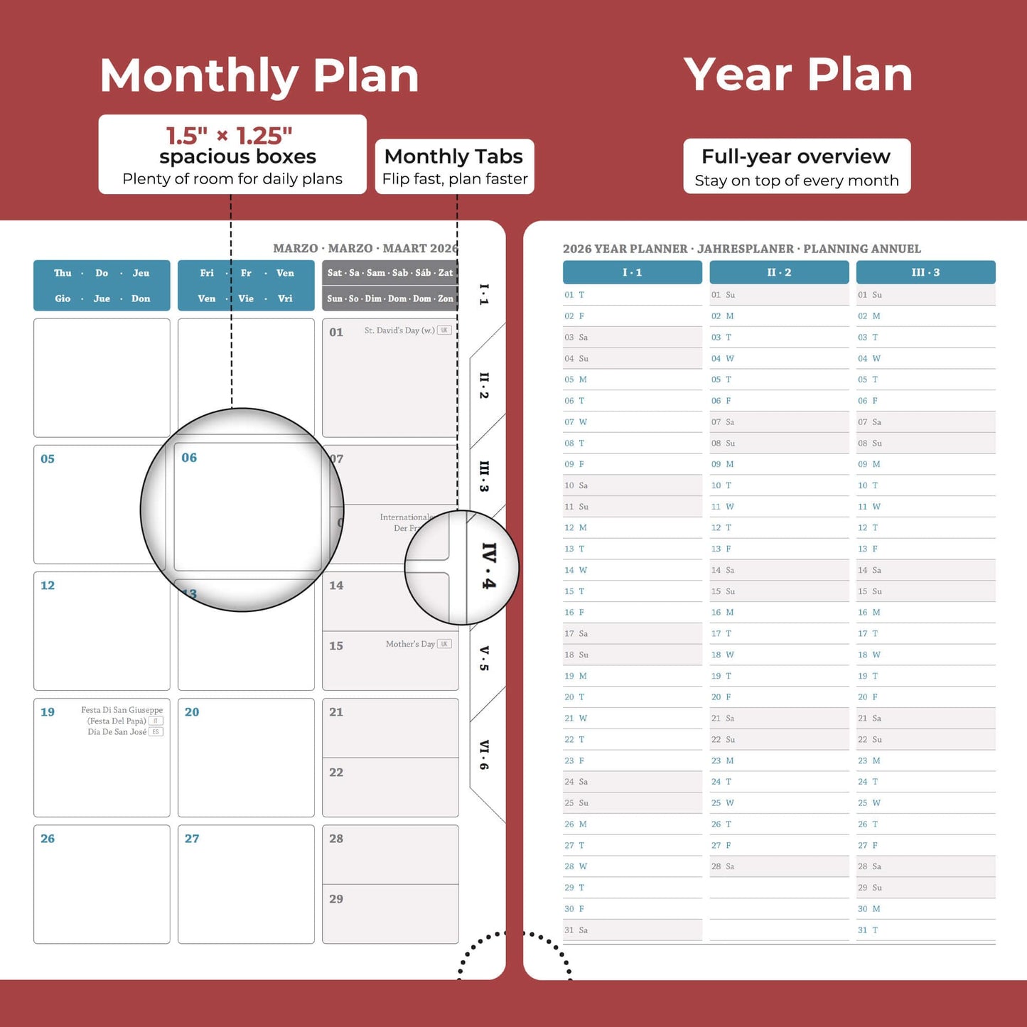 IN-luxpro Daily Planner 2026 with One Page Per Day,(A5-8.5" x 5.9"),12 Months Calendar Hourly Appointment Book Monthly Tabs & Self-adhesive Pen Holder,Inner Pocket, Vegan Leather Hardback,Red