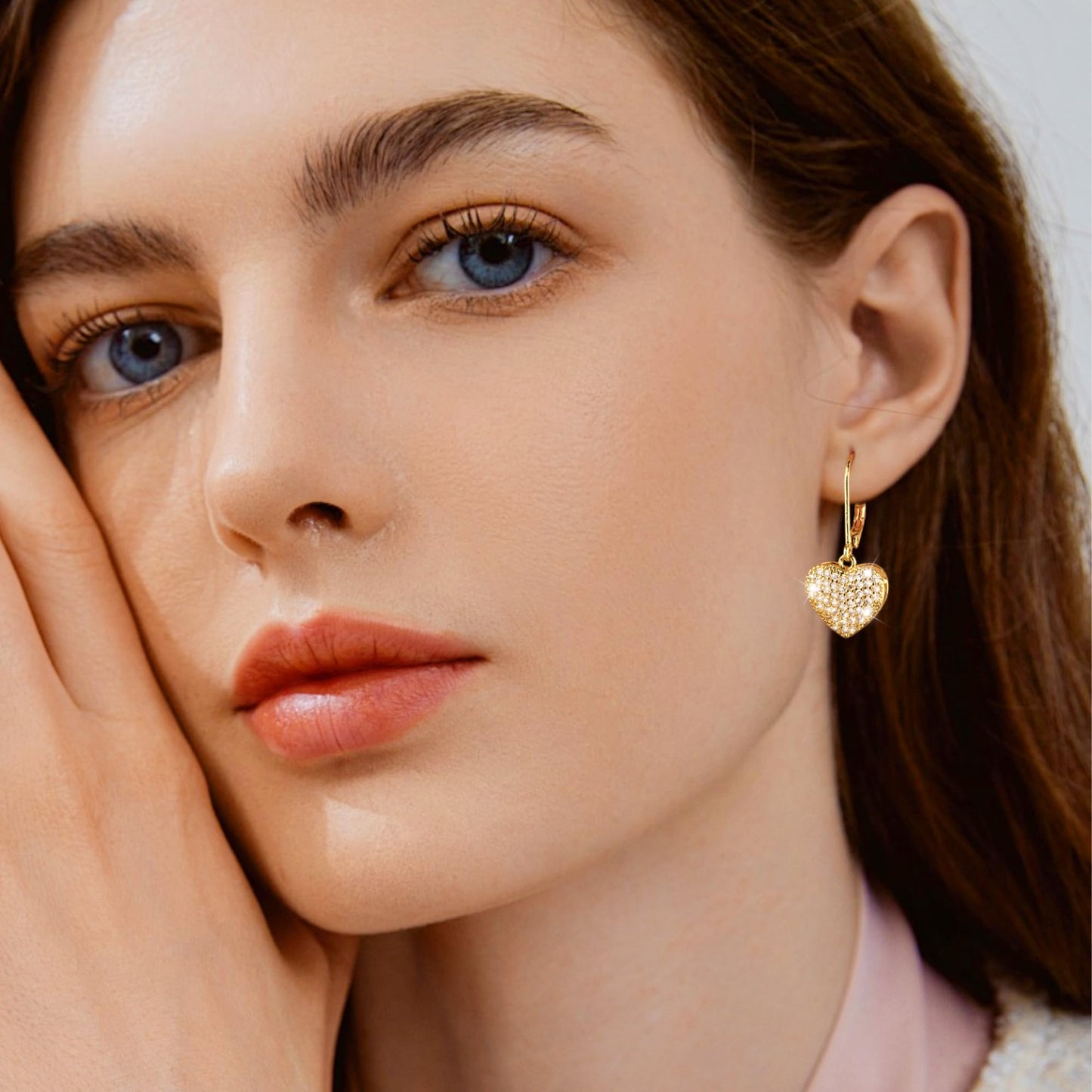Gold Heart Earrings, ALEXCRAFT 14K Goldplated Heart Dangle Leverback Earrings for Women Trendy Hypoallergenic Sterling Silver Leverback Earings Gold Cubic Zirconia Dangling Drop Earrings for Women