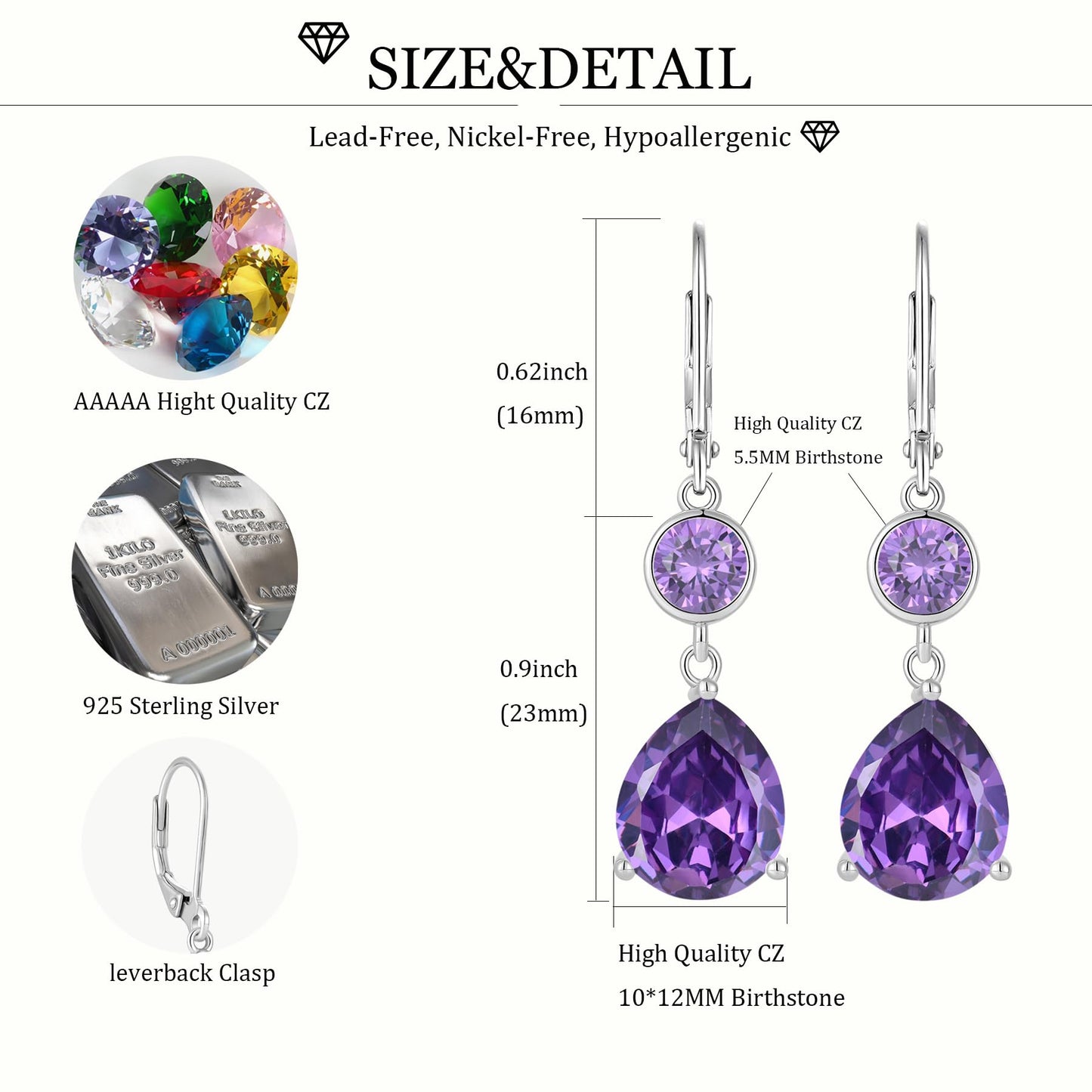 FYNSBLE Amethyst Earrings for Women Sterling Silver Dangle Drop Leverback Earrings Hypoallergenic Jewelry for Women