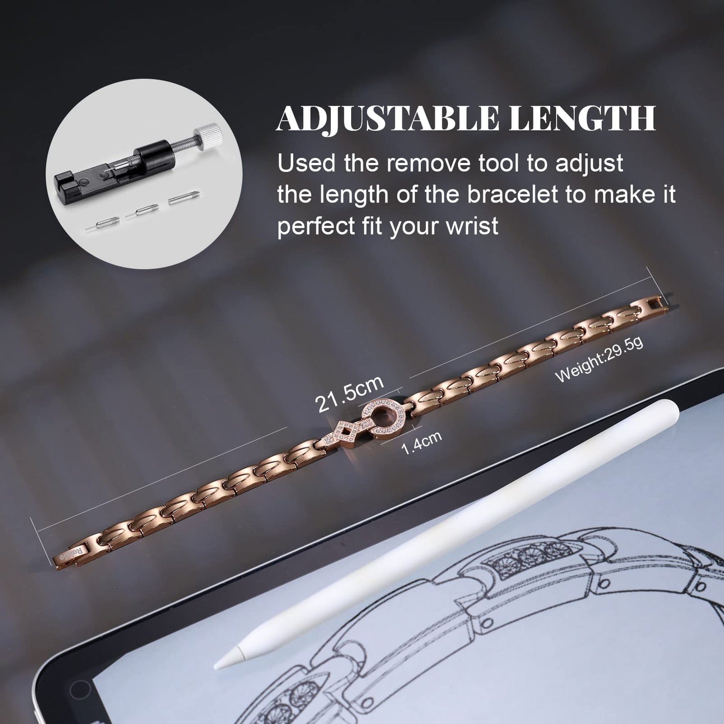 RainSo Elegant Magnetic Bracelet for Women, 3800 Gauss Adjustable Stainless Steel Bracelet, Stylish Jewelry for Daily Wear (Rose Gold)