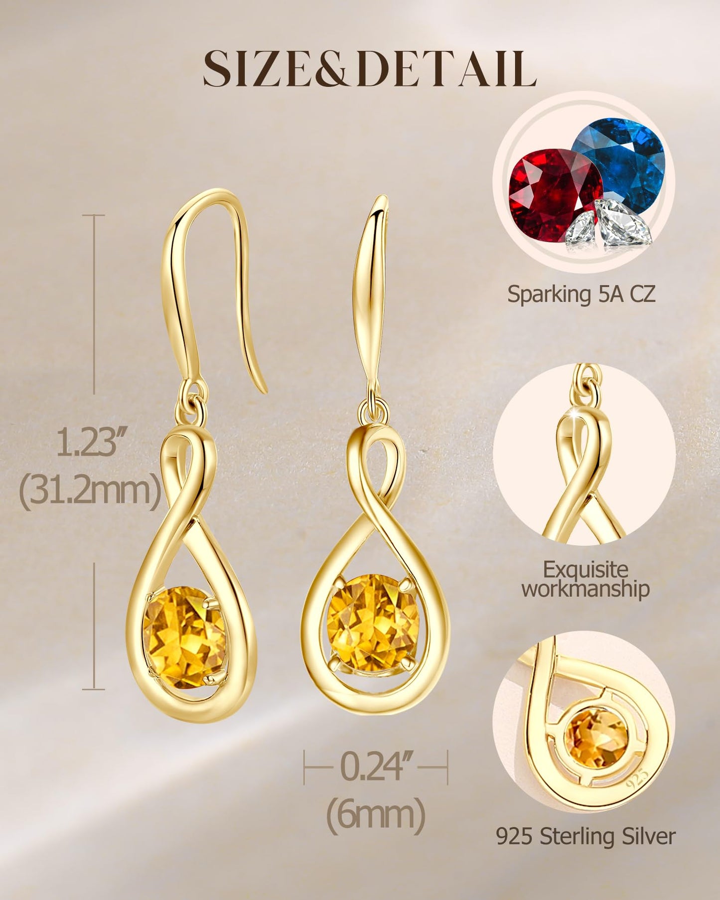 FANCIME Citrine Dangle Drop Earrings 925 Sterling Silver Yellow Gold Plated Dainty Infinity Yellow Topaz November Birthstone Earring Fine Jewelry Birthday Mothers Day Gifts for Mom Her Women