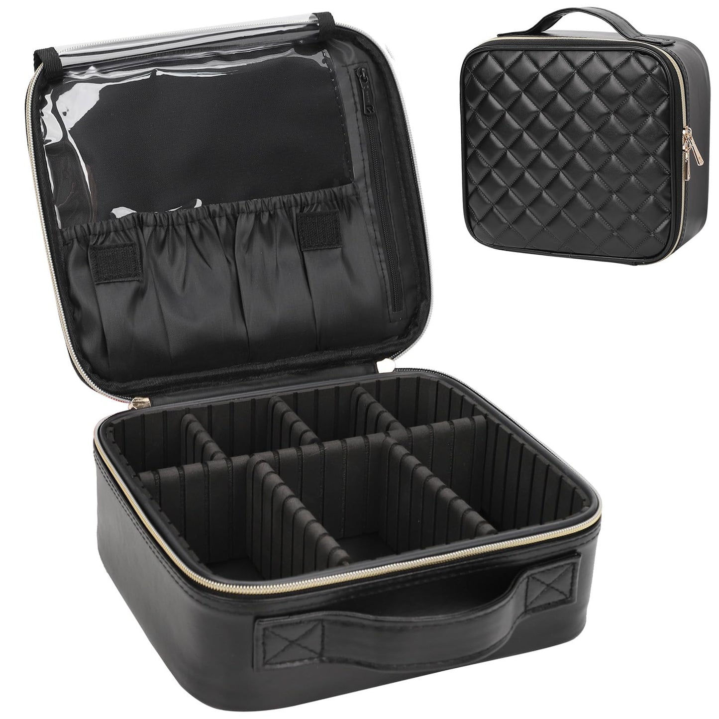 Relavel Makeup Bag, Travel Cosmetic Train Case Organizer Portable Artist Storage Bag with Adjustable Dividers for Cosmetics Makeup Brushes Toiletry Jewelry Digital Accessories Quilted Leather Black