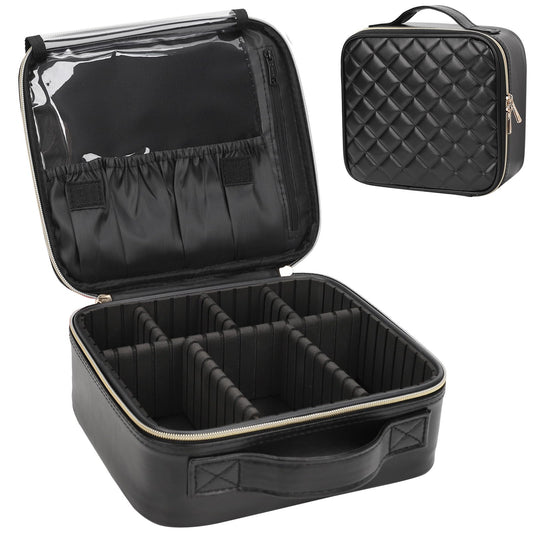 Relavel Makeup Bag, Travel Cosmetic Train Case Organizer Portable Artist Storage Bag with Adjustable Dividers for Cosmetics Makeup Brushes Toiletry Jewelry Digital Accessories Quilted Leather Black