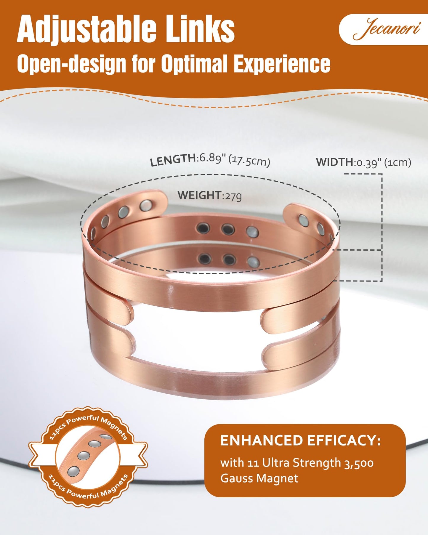 Jecanori Copper Bracelets for Women and Men, Ultra Strength Magnetic Bracelets for Men with 11pcs 3500 Gauss Magnets