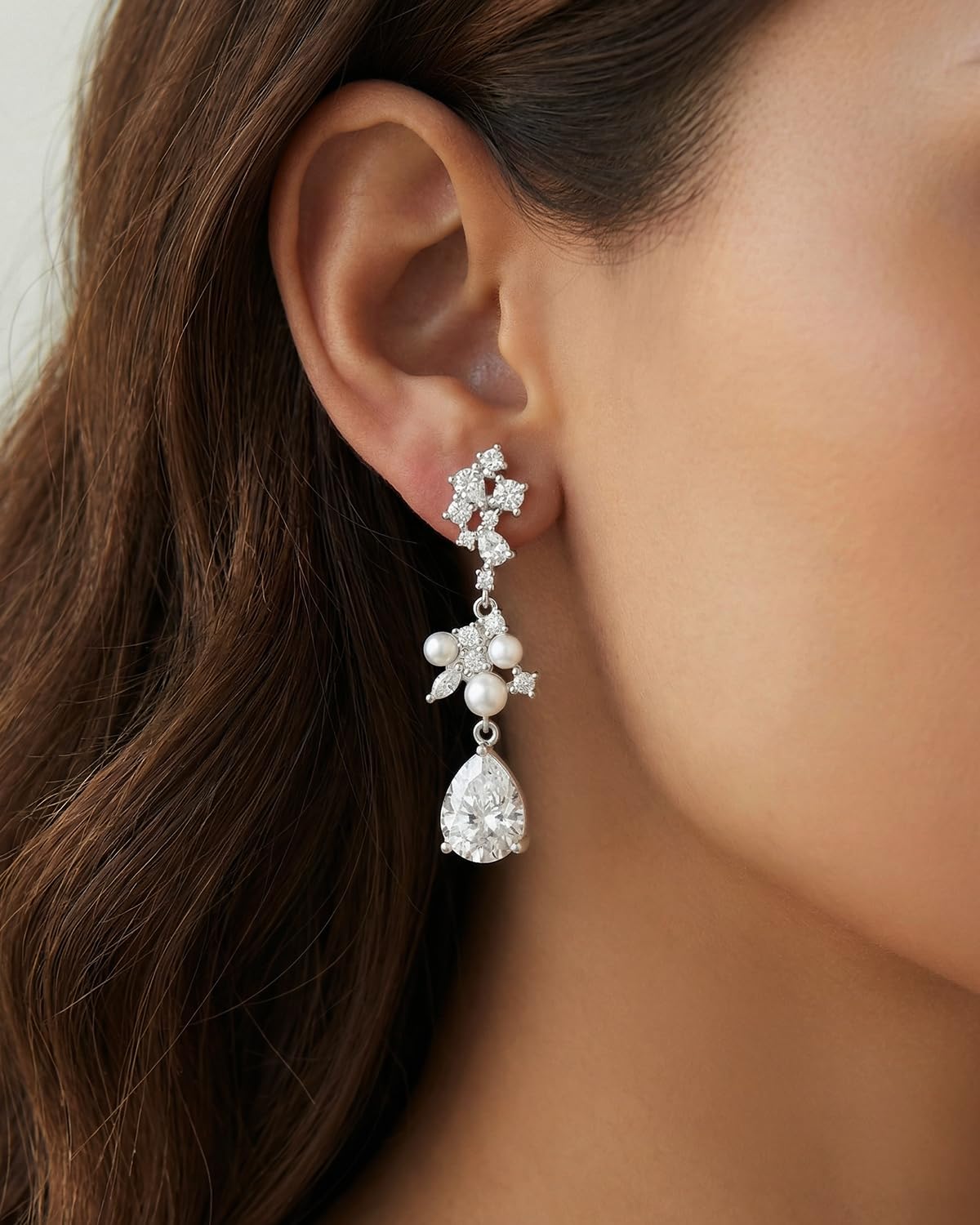PRTGL Pearl Drop Earrings - Silver 14 White Gold Plated Cubic Zirconia Accented Pearl Drop Dangle Earrings for Women Wedding Bridal Teardrop Design