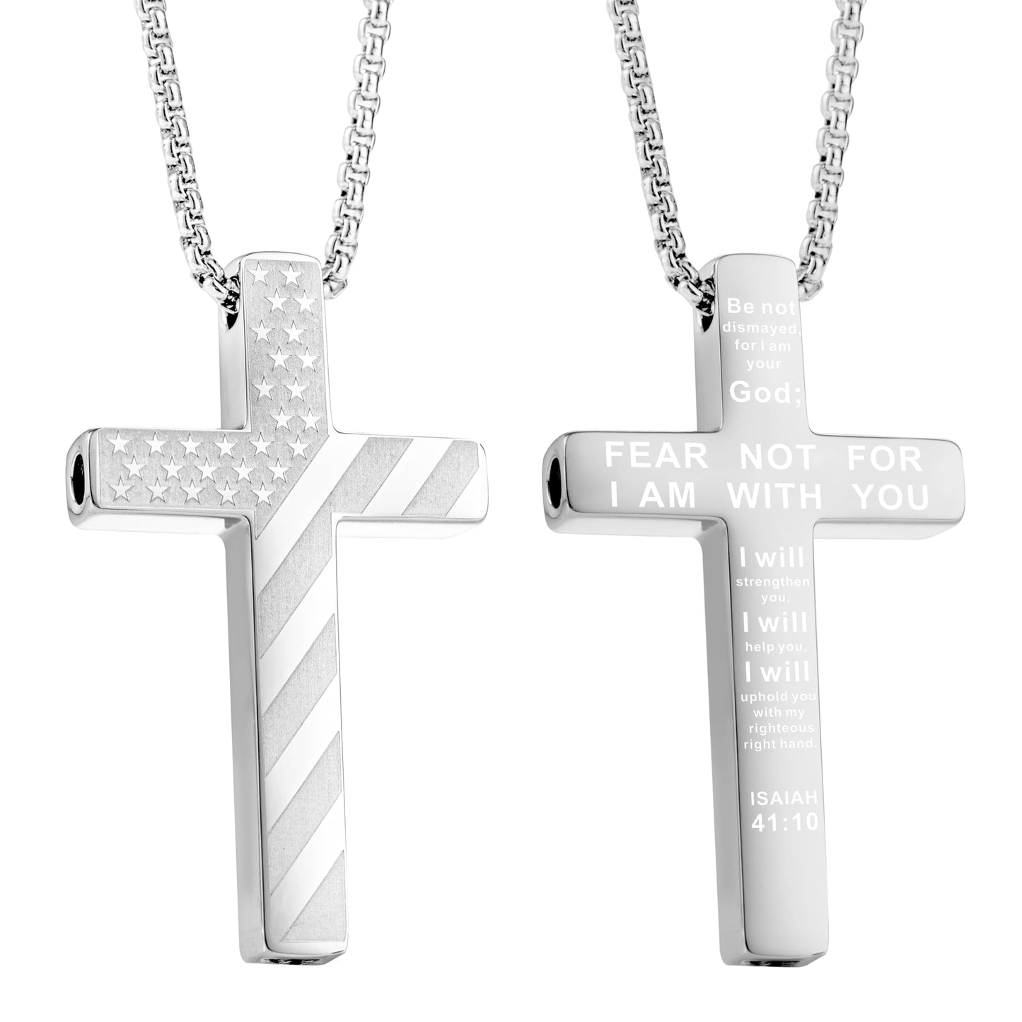 FUNPAR American Flag Cross Breathing Necklace, Stainless Steel Patriotic Jewelry, Inspirational Bible Verse Cross Necklace, Anxiety Relief Items for Men Christian Gift(Silver 41:10)