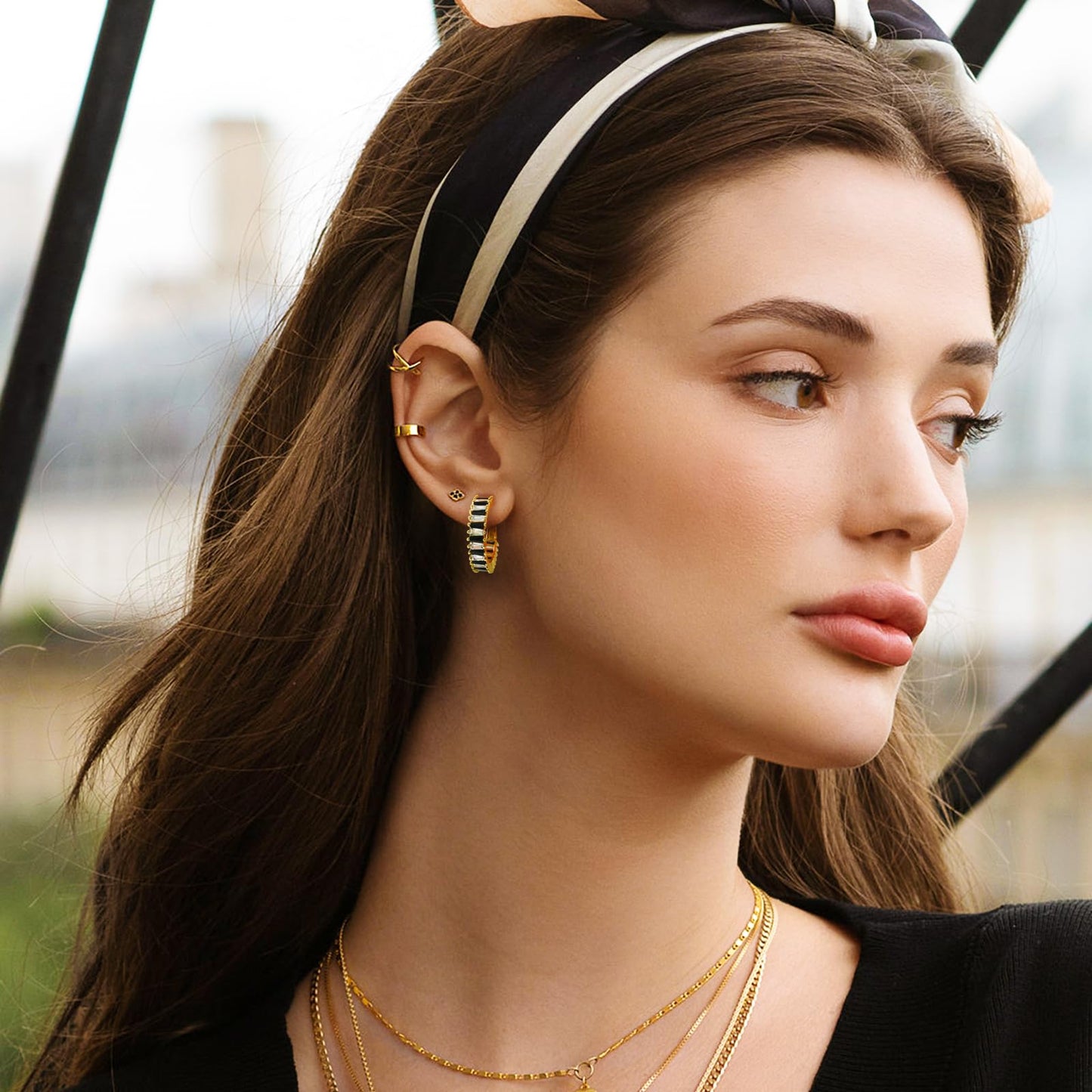 GLOQUAT Crystal White and Black Hoop Earrings 14K Gold Plated Hoops for Women 925 Sterling Silver Post Vintage Gold Round Circle Rhinestone Hoops for Women Trendy Winter Jewelry 25mm