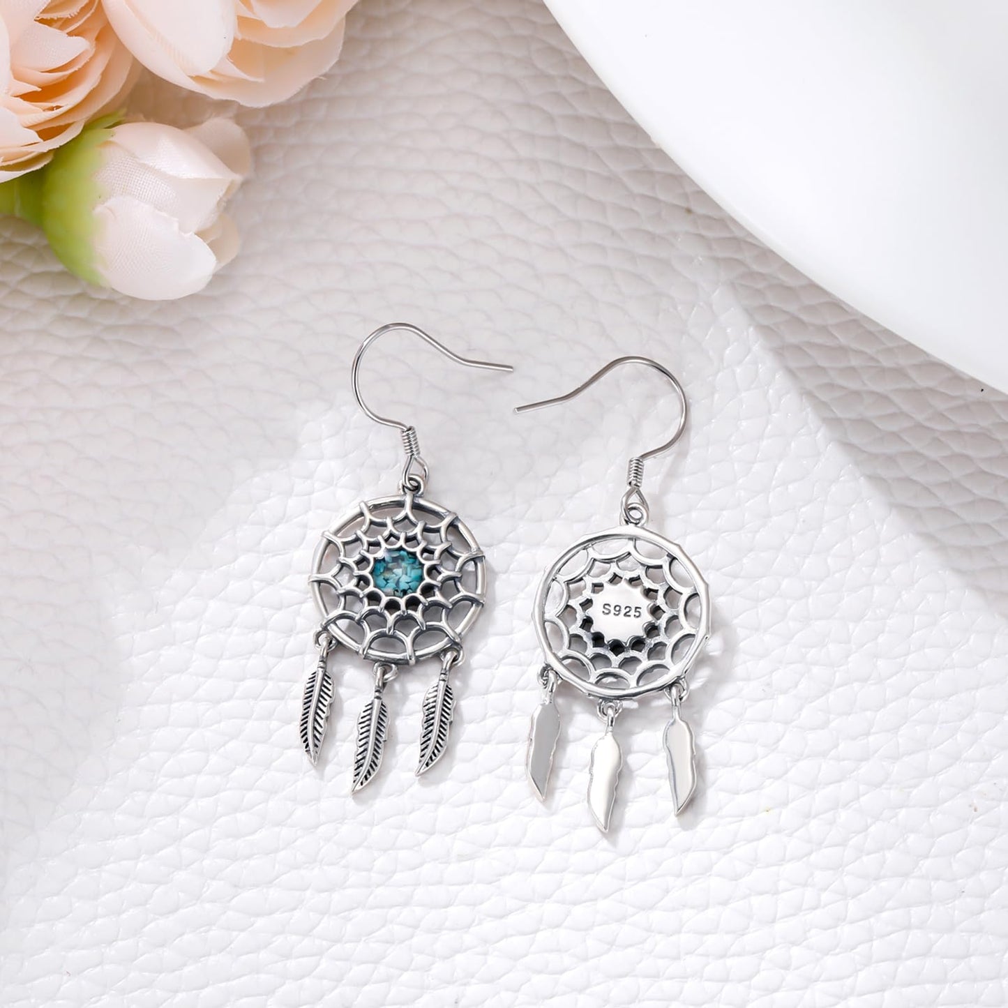 KoyeKei Dream Catcher Earrings 925 Sterling Silver Turquoise Dreamcatcher Feather Dangle Drop Earrings Western Boho Jewelry Country Christmas Gifts for Women
