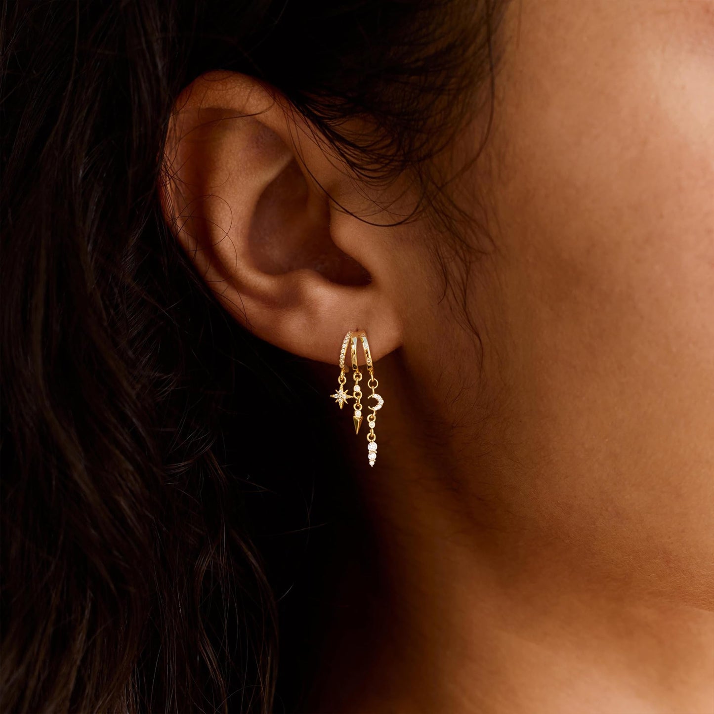 SELSHE Dangle Earrings for Women,14K Gold Plated Long Star Earrings Dainty Drop Moon Earrings Hypoallergenic Huggie Earrings for Women Trendy Womens Jewelry