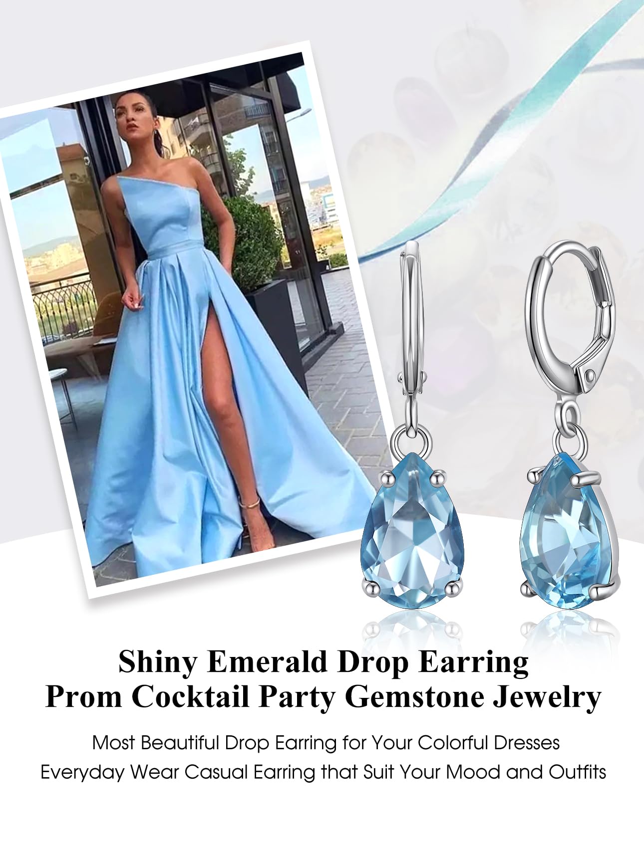 Bestyle Silver March Birthstone Dangle Earrings - Created Teardrop Aquamarine Crystal Drop Blue Earrings - Trendy Cute Women's Small Hoop CZ Dangle Earrings for Party Gowns