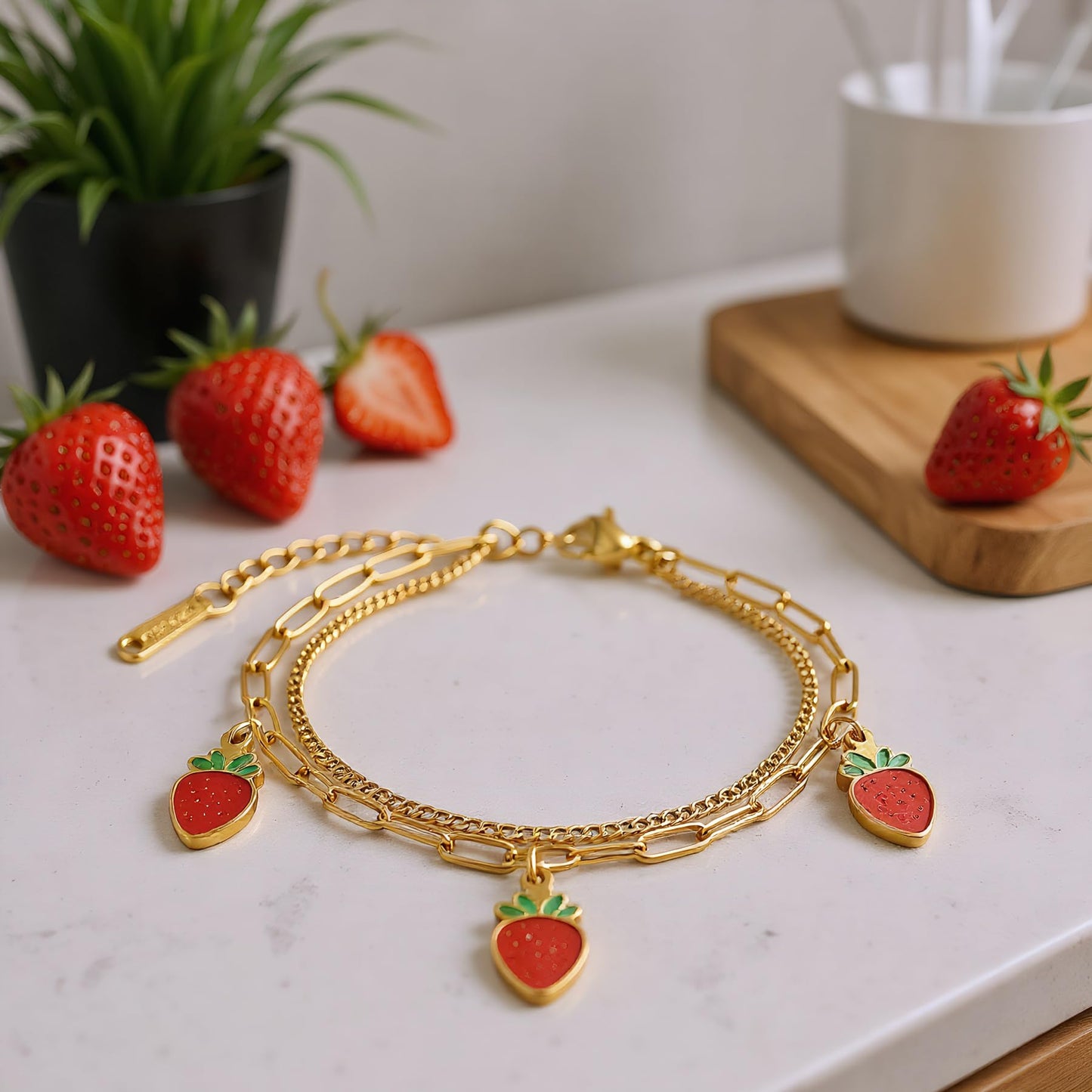LCTrusttmor Gahna Strawberry Bracelets for Women, 18K Gold Plated Strawberry Fruit Charms with Adjustable Layered Chain Link for Women Summer Jewelry Gifts