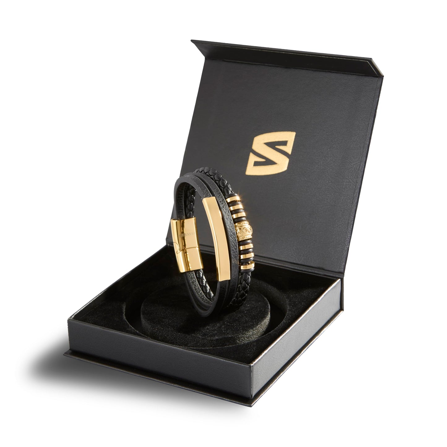 SERASAR Mens Bracelets 20cm Gold Gift Box Genuine Leather Cowhide Braided Adjust Able Magnetic Clasp Multi Layer Wrap Jewellery Rope Man Mans Male Band Jewelry Accessories