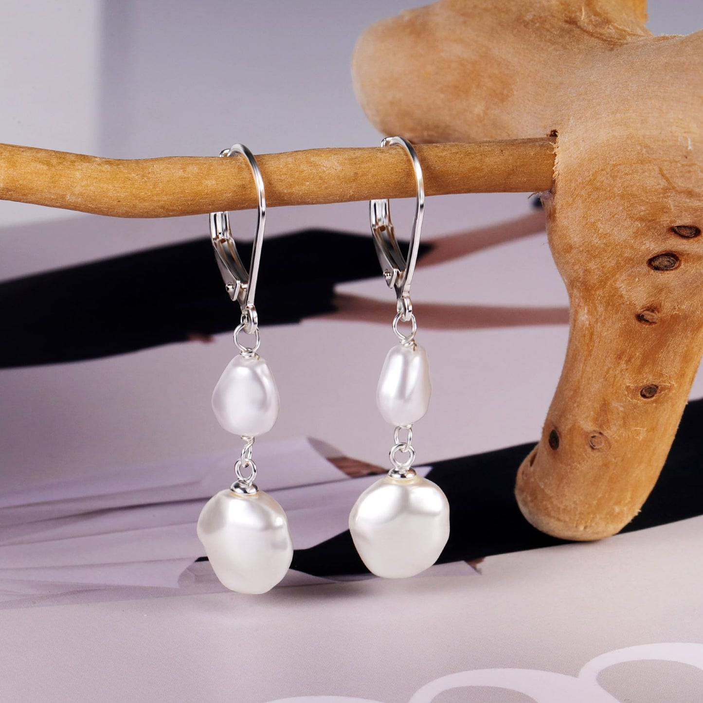 Silver Pearl Dangle Earrings for Women 925 Sterling Silver Double Pearl Drop Earrings Hypoallergenic Leverback Baroque Irregular Pearls Earring