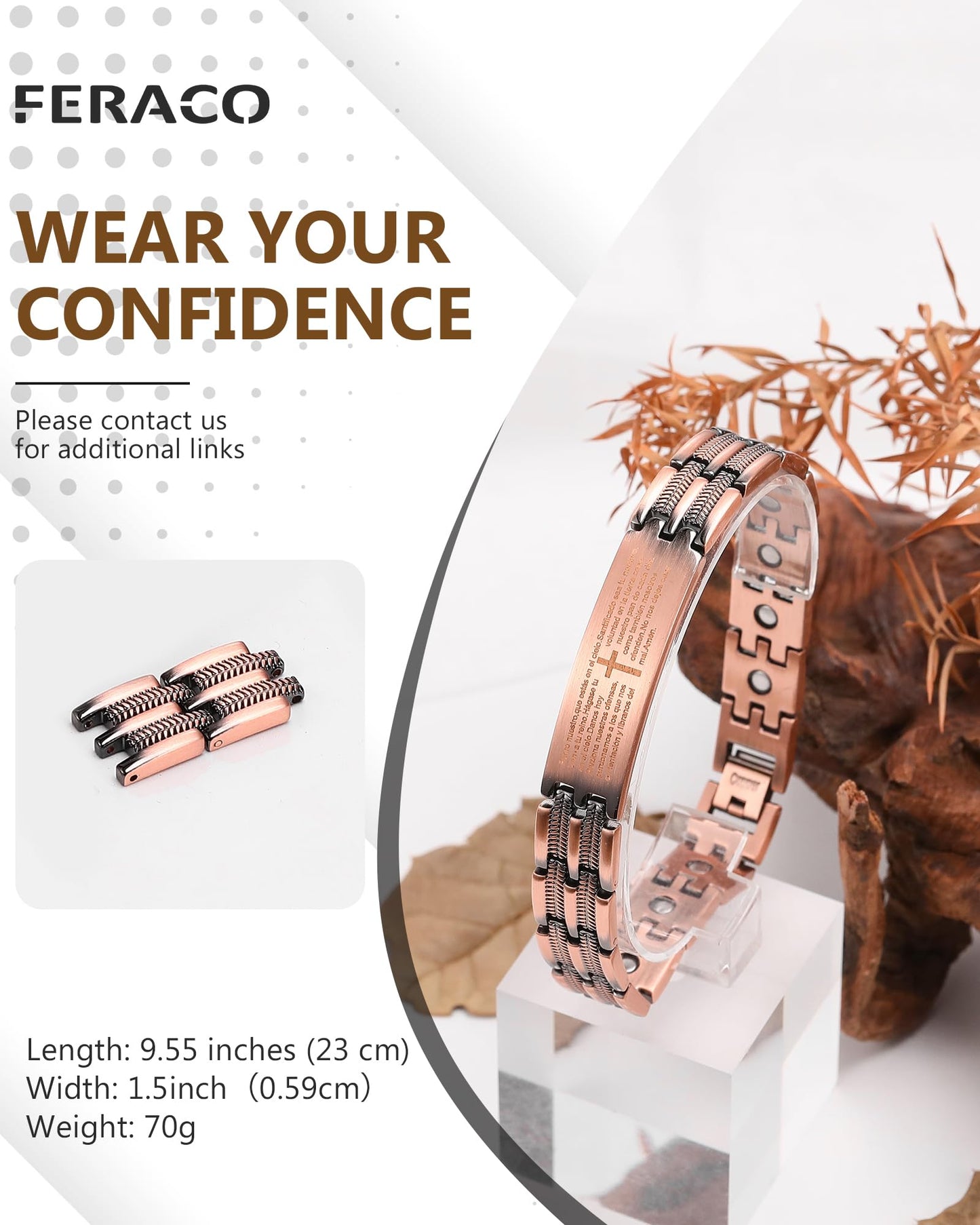 Feraco Copper Cross Bracelet for Men,Magnetic Therapy Cooper Bracelets with Magnets, Men's 99.99% Pure Copper Jewelry