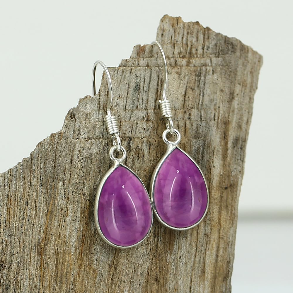 Natural Amethyst Sterling Silver Plated Dangle Earrings for Women - Purple Stone Teardrop Shape February Birthstone Handmade Jewelry Earrings - Valentine's Day Gifts for Her