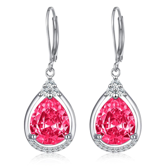 Hot Pink Earrings Sterling Silver July Birthstone Earrings AAAAA Cubic Zirconia Teardrop Dangles Jewelry Christmas Gifts for Women