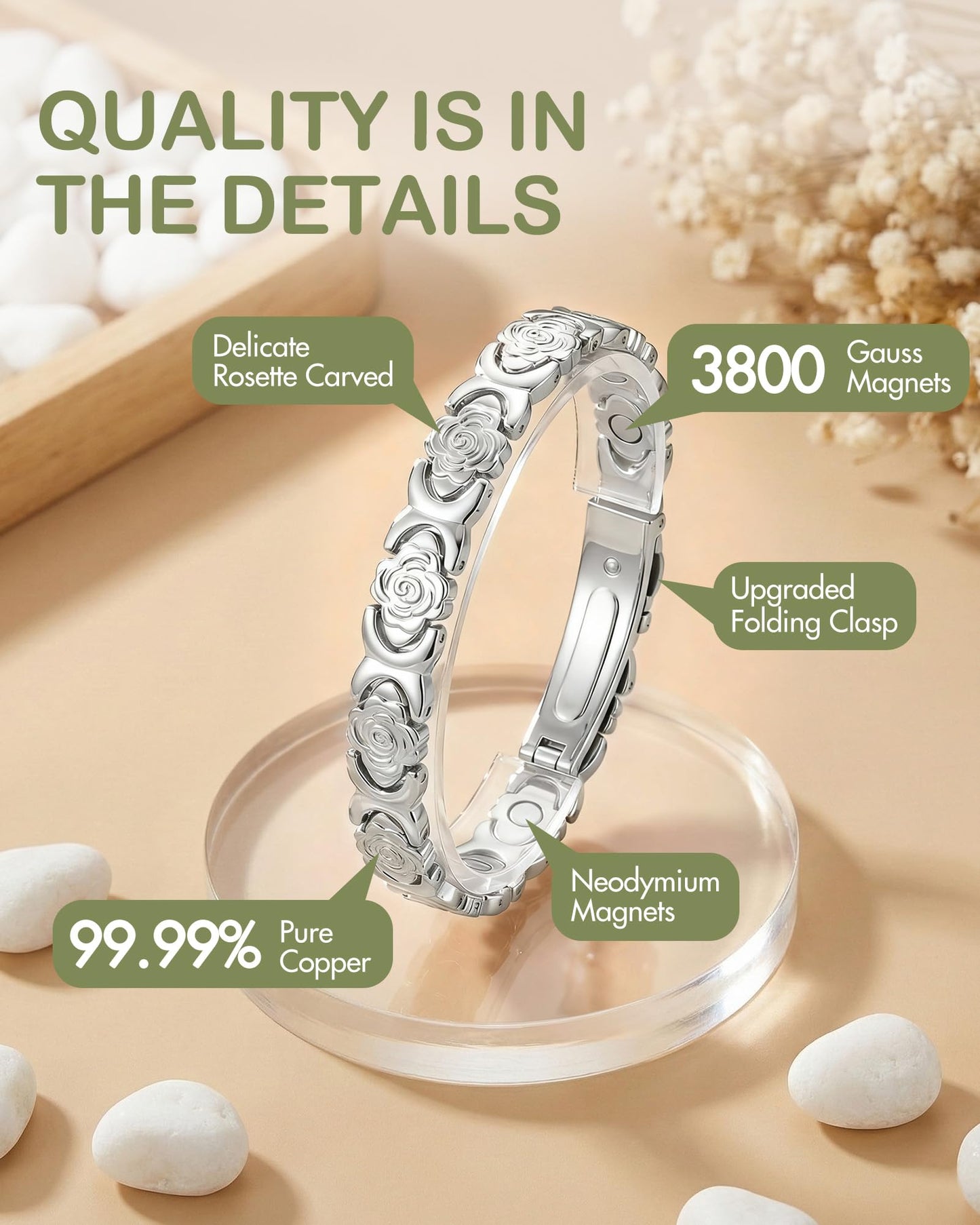 Feraco Pure Copper Bracelets for Women, Ultra Strength Magnetic Bracelet for Women with 3800 Gauss Magnet, Adjustable Flower Real Copper Jewelry Gift with Infinite Rose-Engraved (Silver)