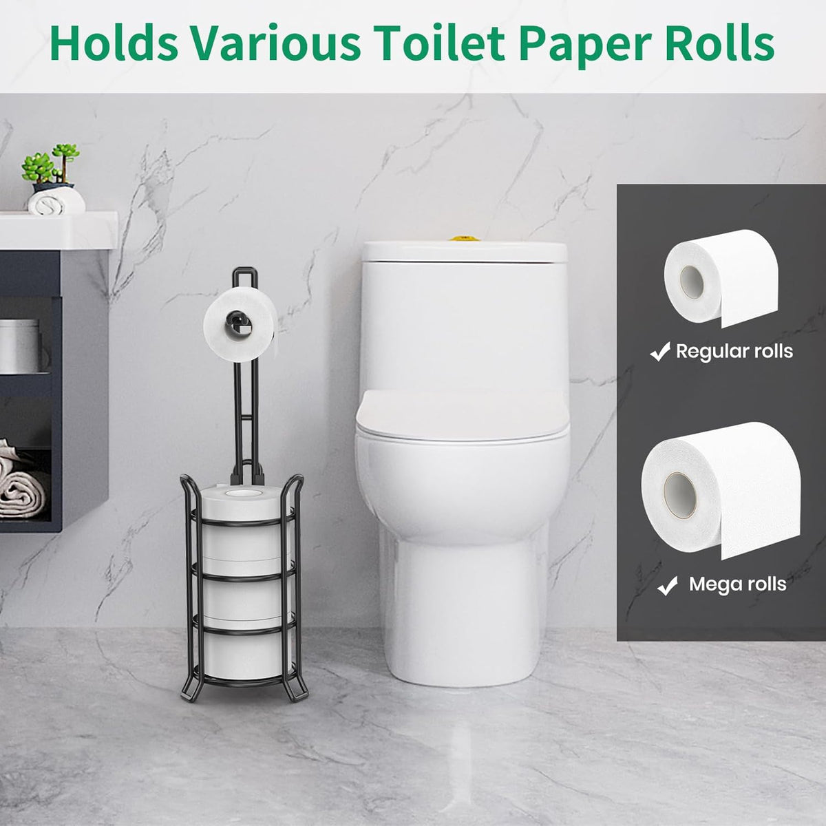 TomCare Toilet Paper Holder - Free-Standing Metal Wire Dispenser for 3 Spare Rolls | Black Bathroom Organizer