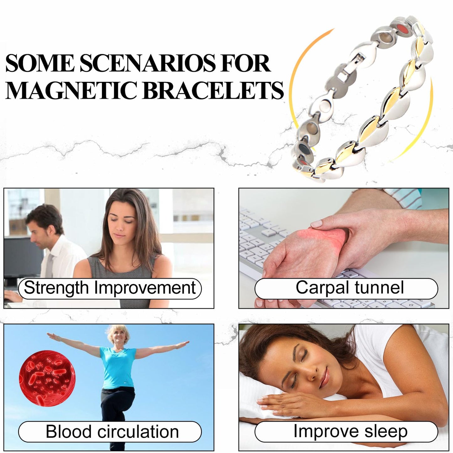 KYOSI Magnetic Bracelets for Women Stainless Steel Womens Magnet Bracelet Leaf Shape Fashion Christmas Gift (Silver&Gold, 7.87 inches)