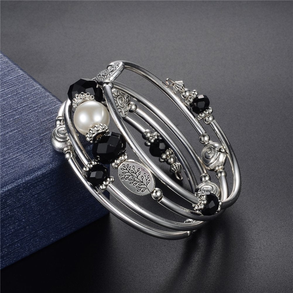 PEARL&CLUB Bead Crystal Wrap Bangle Bracelet - Fashion Jewelry Beaded Bracelet with Silver Metal, Gifts for Women(92-Black)