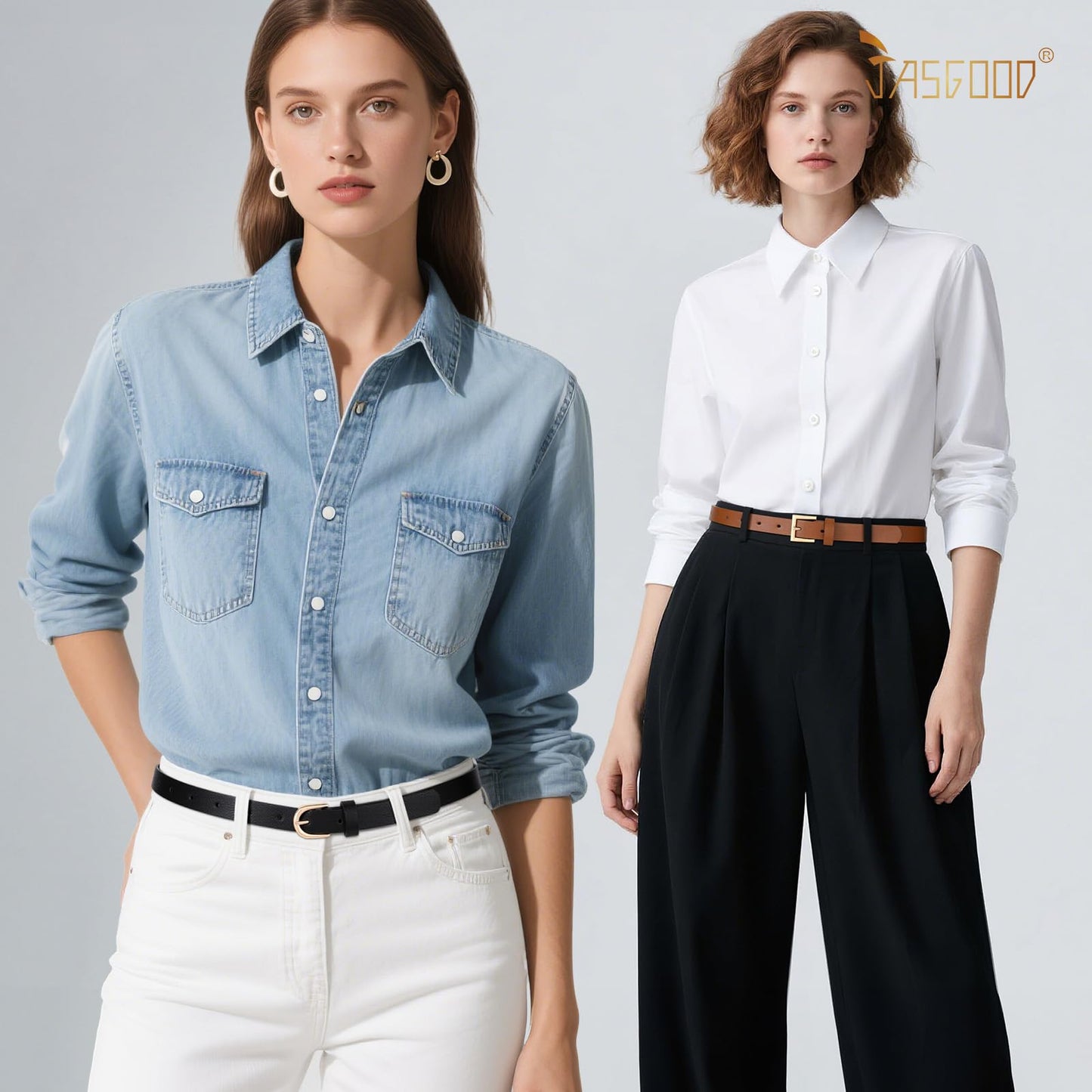 JASGOOD 4 Pack Women Skinny Leather Belt for Dresses with Gold Buckle Ladies Thin Waist Belt for Jeans Pants，Black+Brown+White+Coffee