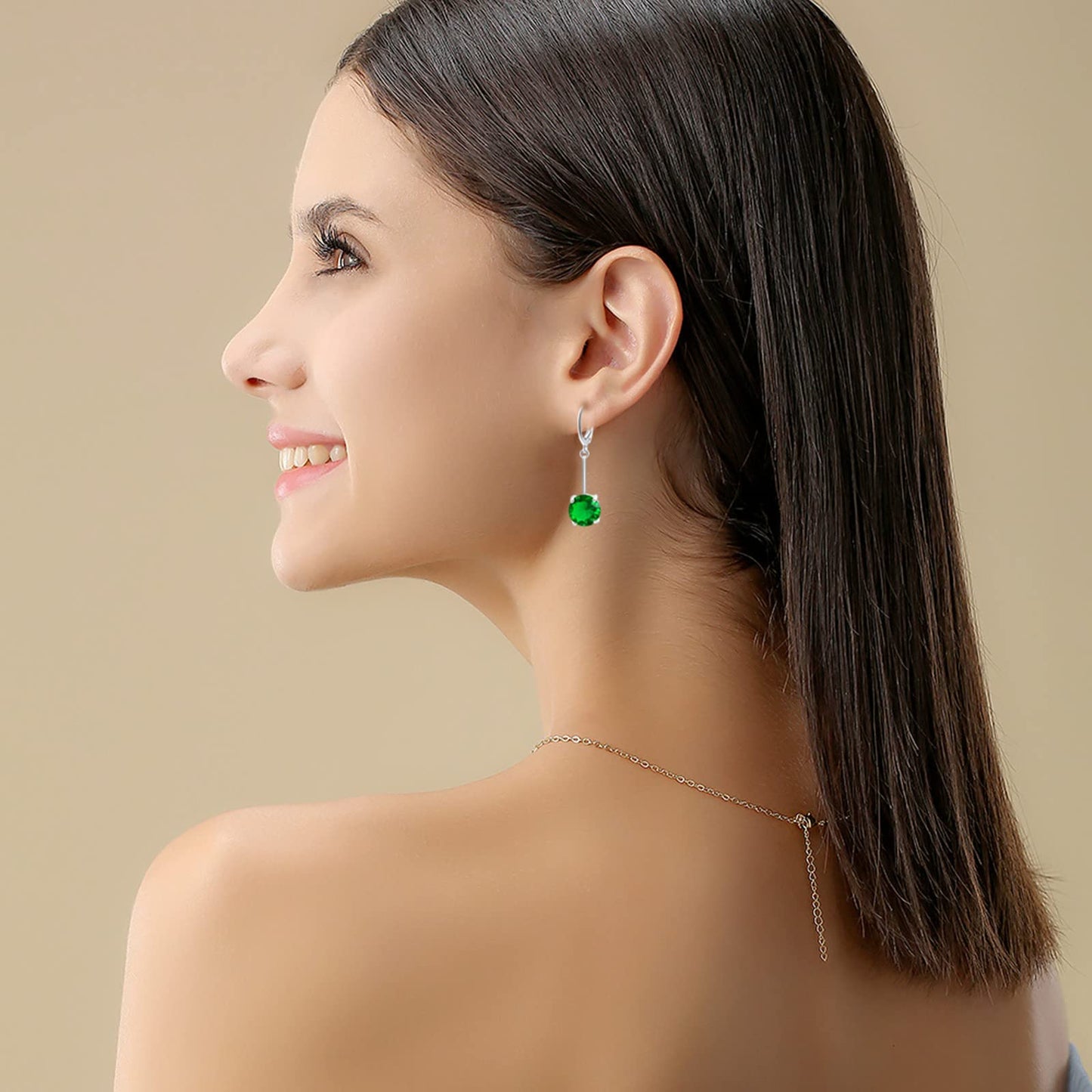 VONSSY Gemstone Drop Dangle Earrings | Platinum /Gold Plated Leverback Crystal Cubic Zirconia Hanging Red /Pink/Blue Earrings (Green-Platinum)