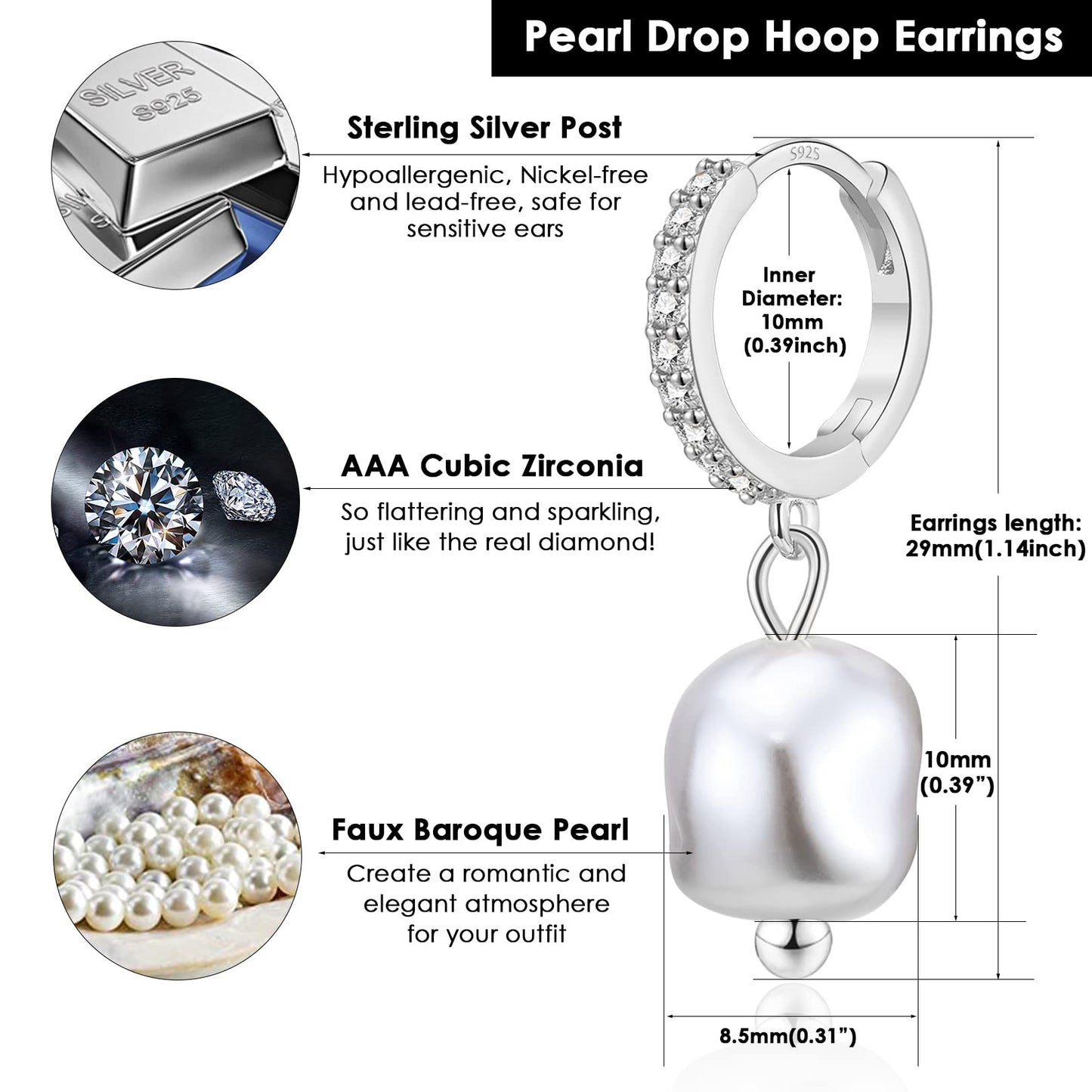 CERSLIMO Sterling Silver Pearl Drop Earrings for Women, S925, Baroque Shell, Hypoallergenic, Dainty Hoop, Modern Chic
